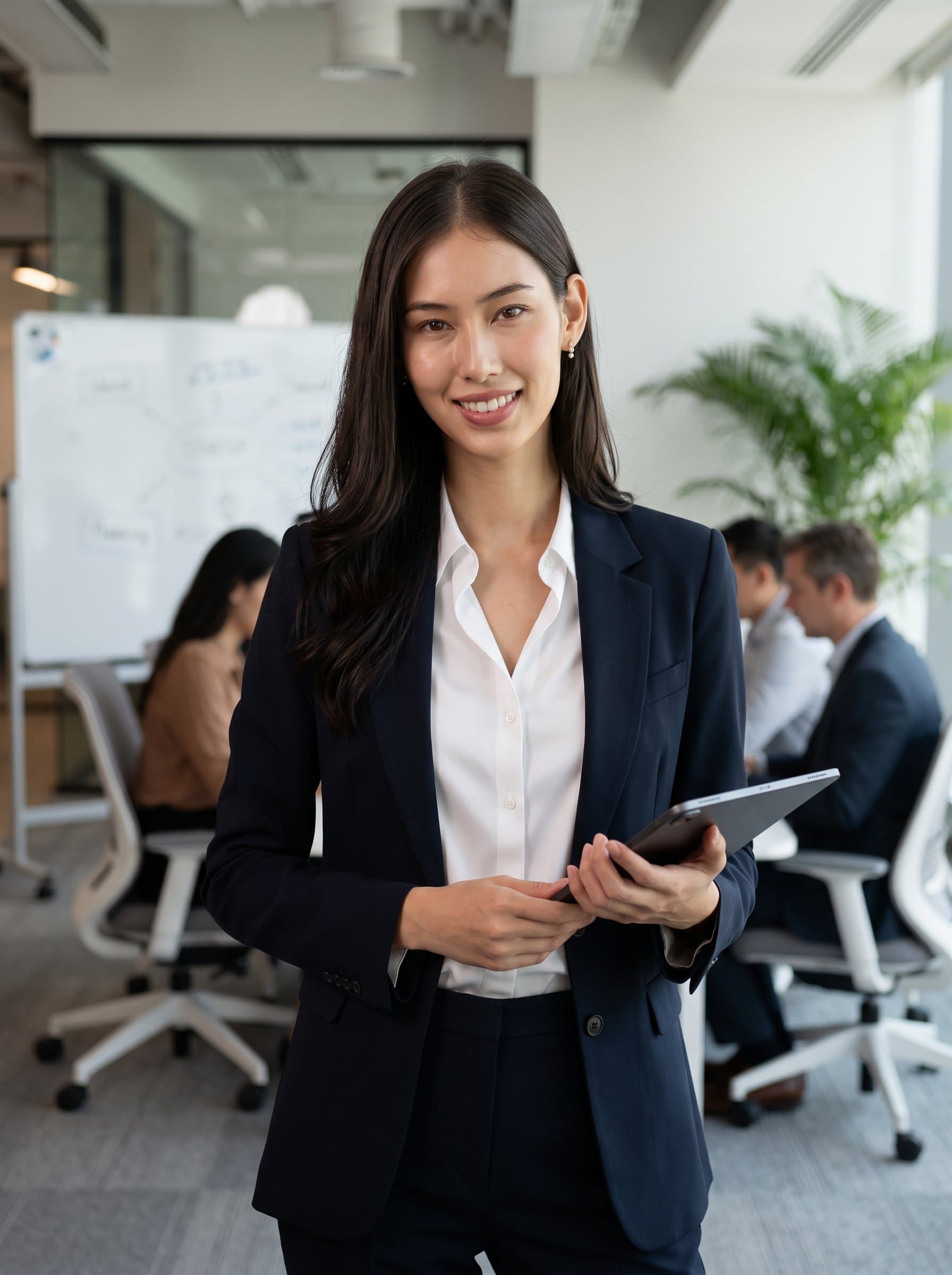 against a softly blurred backdrop of a startup workspace, displays a relaxed, confident expression. The contemporary, chic outfit and neutral lighting enhance the image suitable for a modern professional profile.