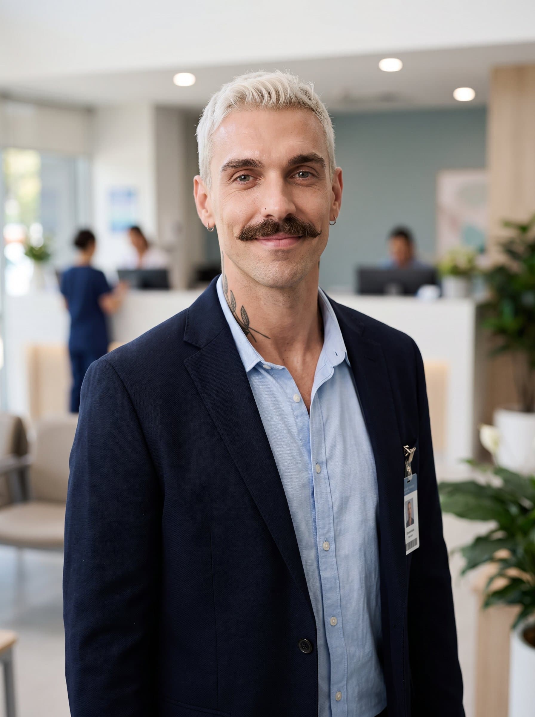 : An empathetic healthcare professional with a gentle smile, clad in a smart blazer. The subtle hospital-themed backdrop, paired with soft lighting, exudes warmth and expertise, reflecting their caring nature and commitment to wellness.