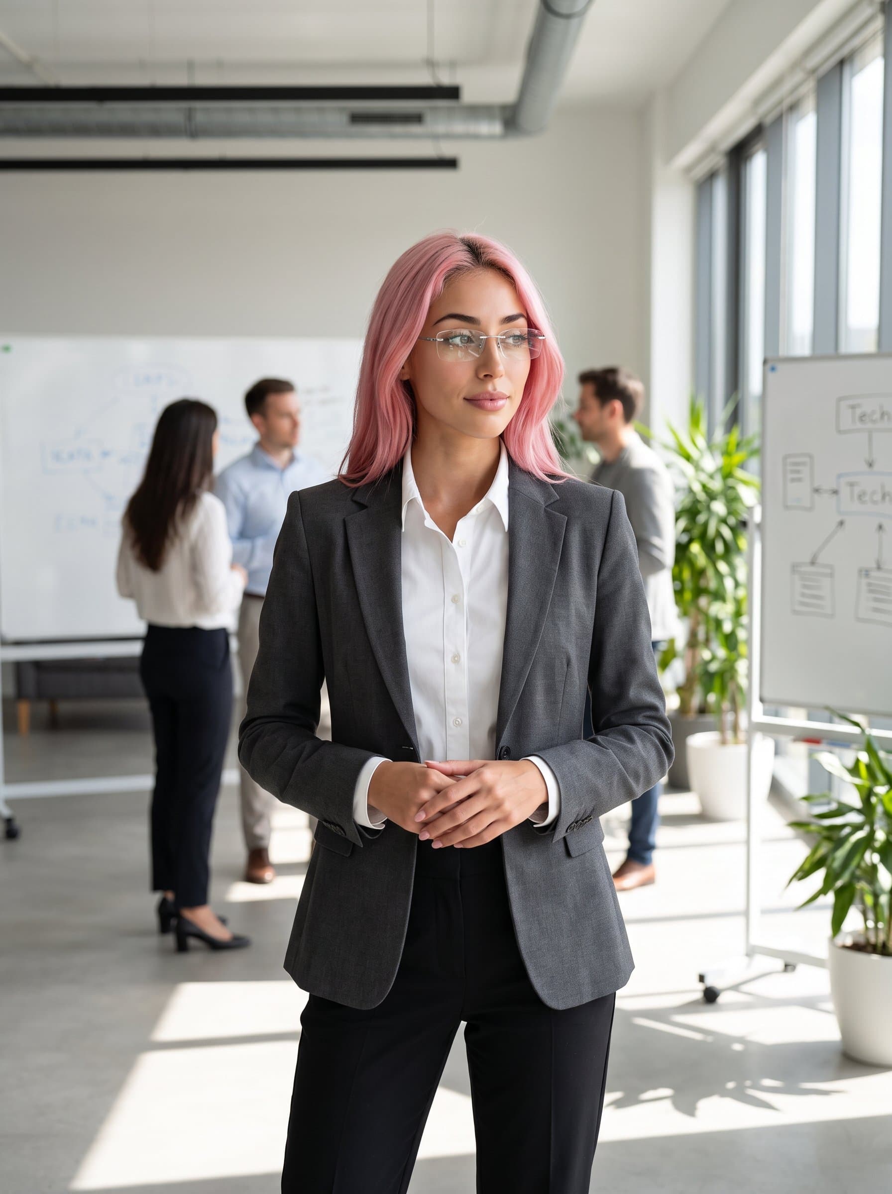 : A visionary tech innovator with sleek glasses, standing confidently. The neutral office background complements their focused expression, embodying cutting-edge innovation and thoughtful leadership, highlighted by natural lighting that emphasizes their sharp attire.