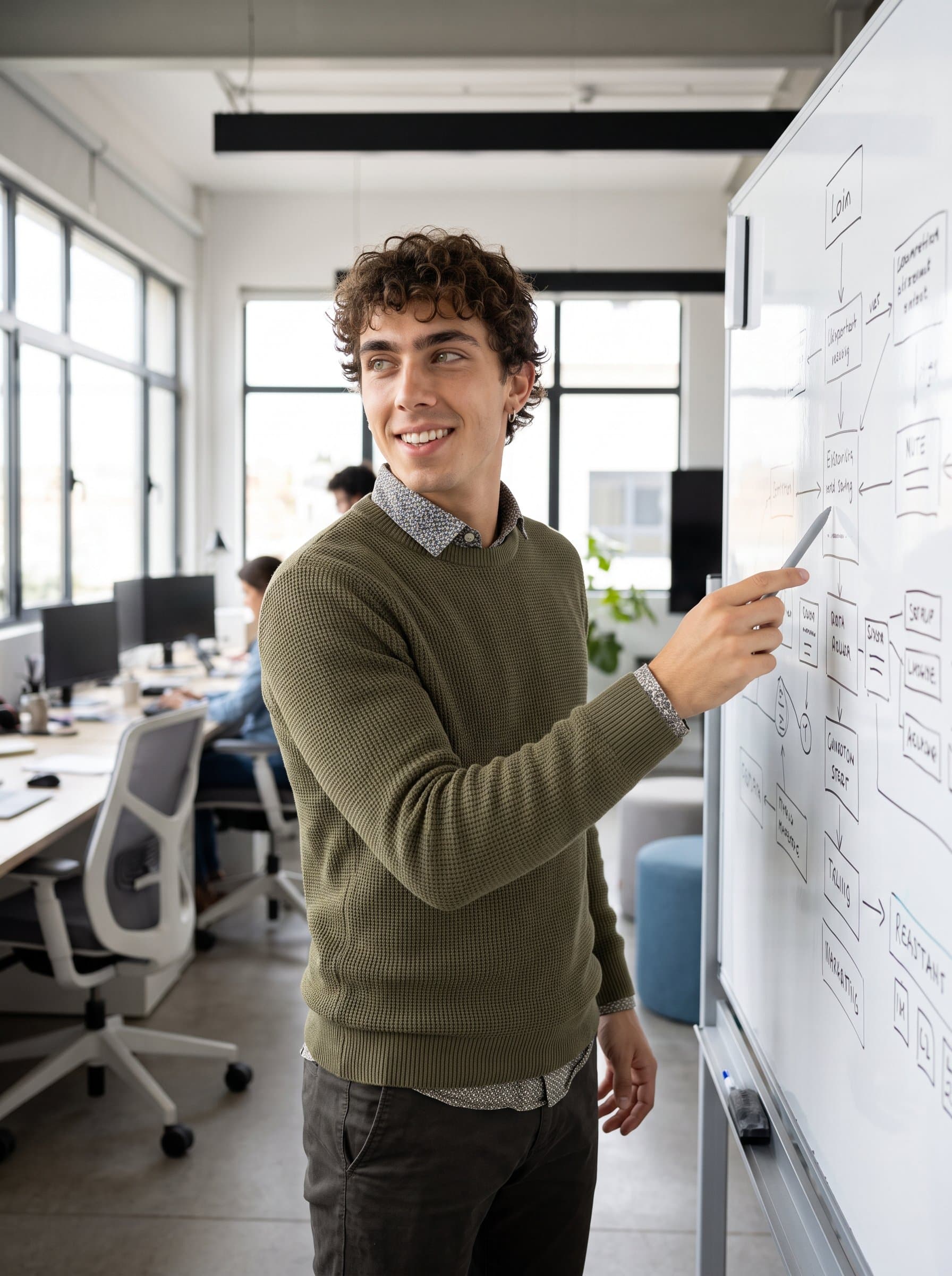 : A creative marketing strategist, exuding originality through a casual yet stylish outfit. The modern office background, augmented by natural lighting, highlights their innovative approach and dynamic personality, perfect for inspiring engaging campaigns.