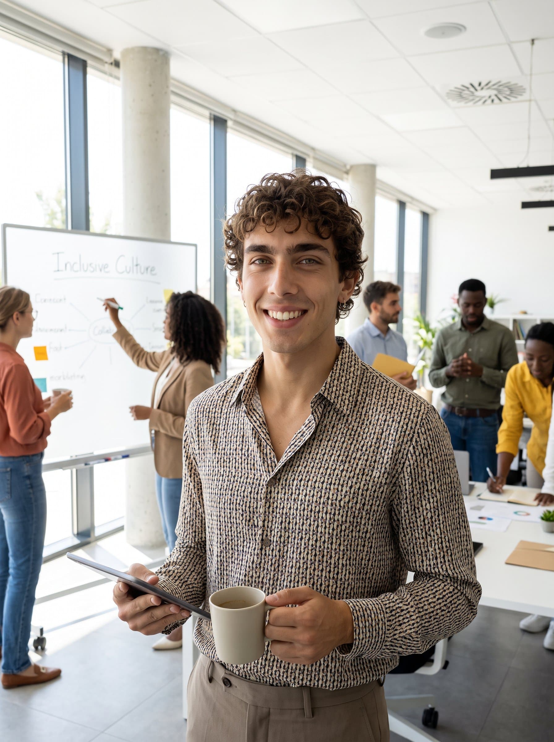: A dynamic HR manager with a welcoming smile, wearing a chic blouse. The open office backdrop, complemented by natural lighting, exudes inclusivity and approachability, encapsulating their commitment to fostering a positive work culture.