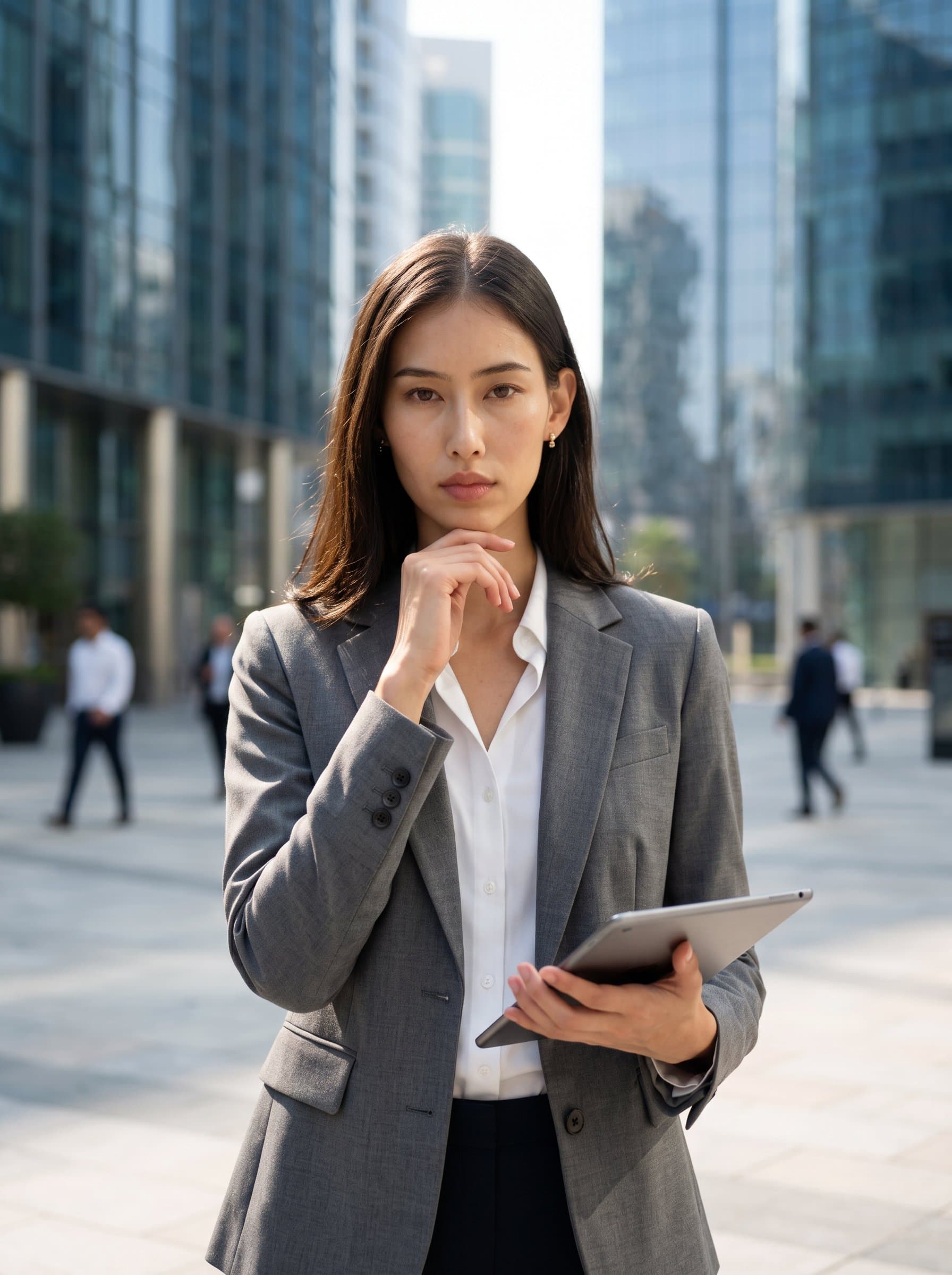 : A finance expert with an analytical gaze, holding a tablet. The neutral financial district backdrop, combined with natural lighting, conveys precision and decisiveness, capturing their adeptness in navigating complex market trends.