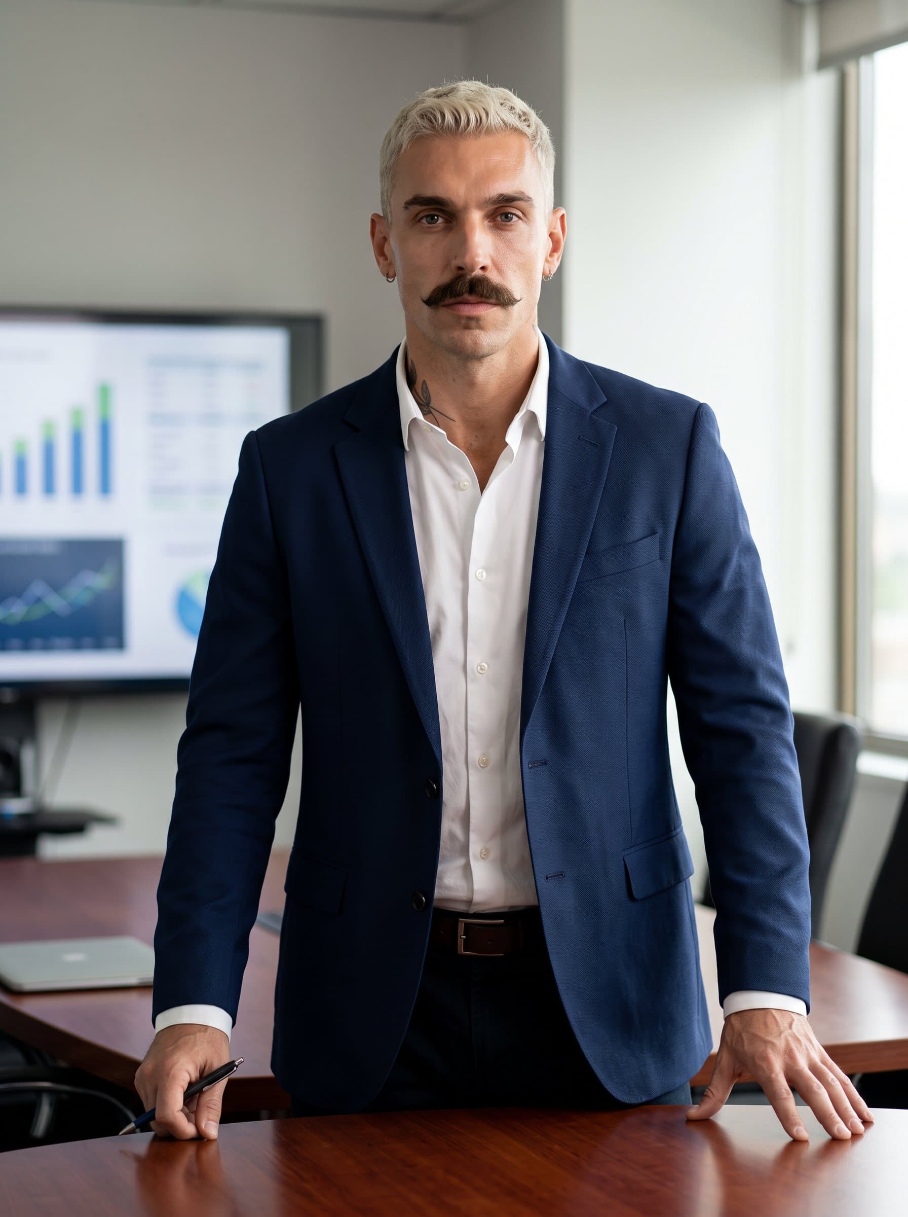 : A strategic business consultant, wearing a smart blazer with a confident posture. The understated boardroom setting, coupled with balanced lighting, conveys their decisive nature and aptitude for steering complex organizational change.