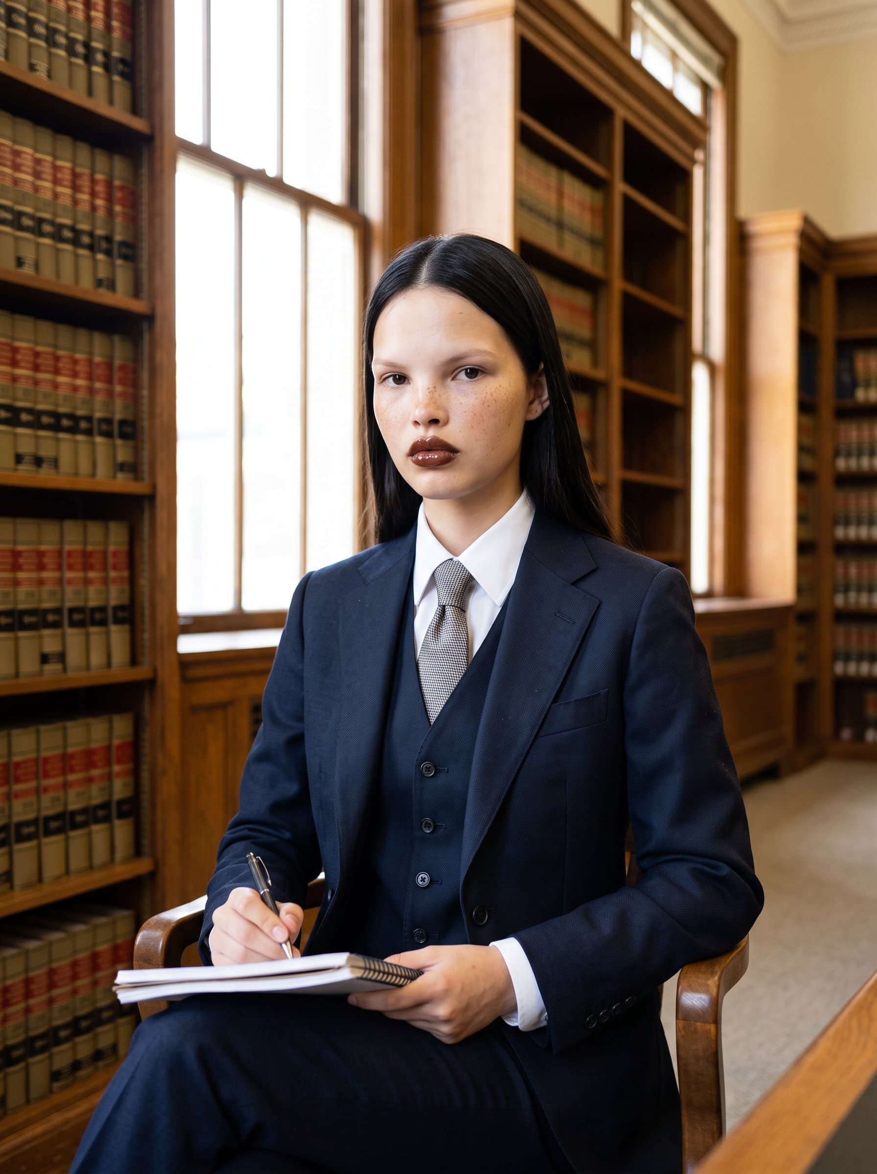 : A legal advisor with a composed demeanor, wearing a tailored suit. The elegant law library backdrop, matched with bright lighting, projects authority and wisdom, underscoring their mastery in legal intricacies and strategic thinking.