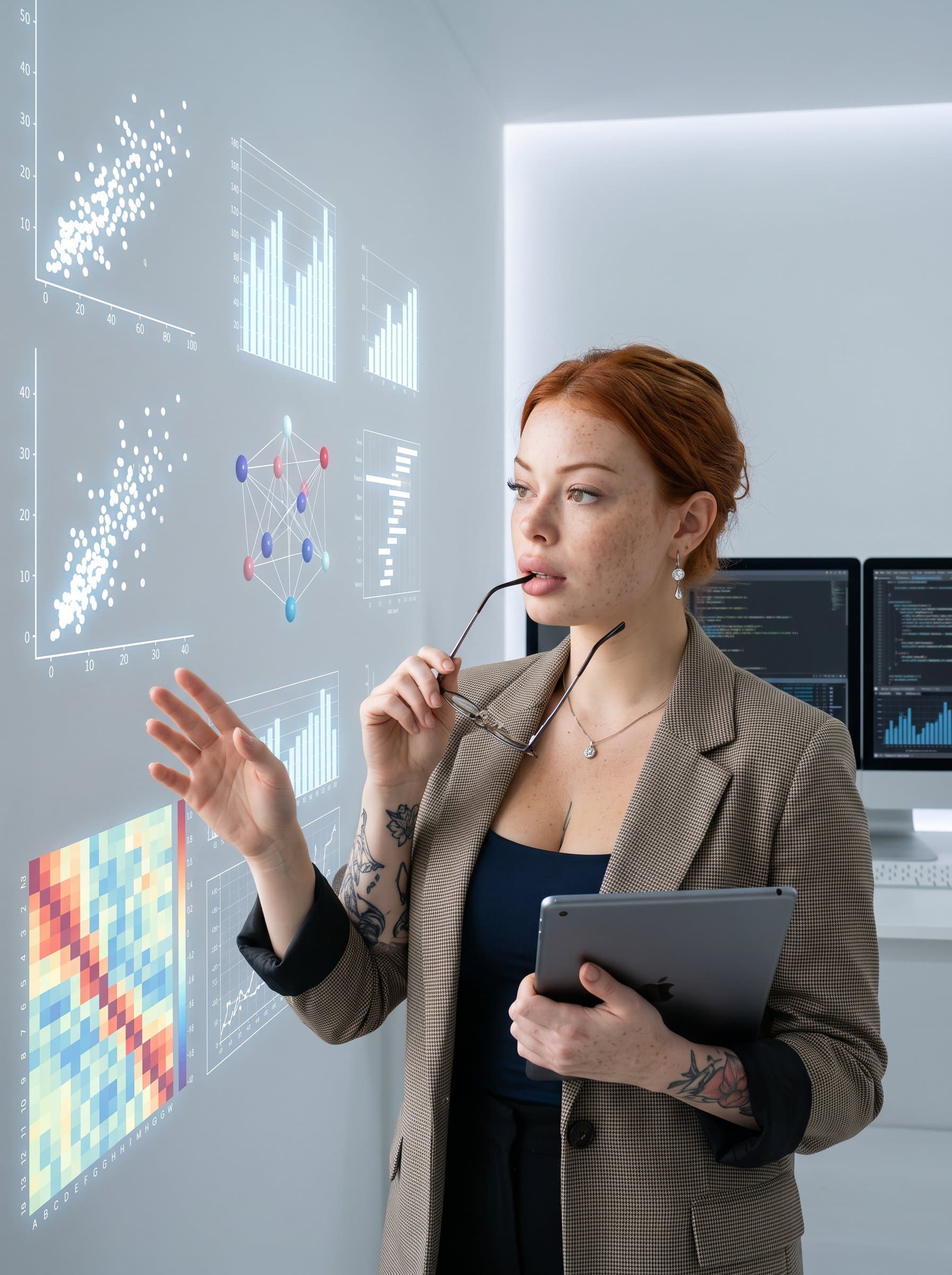 : A data scientist radiating curiosity, surrounded by abstract data visualizations. The minimalist lab setting, bathed in even lighting, underlines their analytical prowess and dedication to uncovering insights through data-driven methodologies.