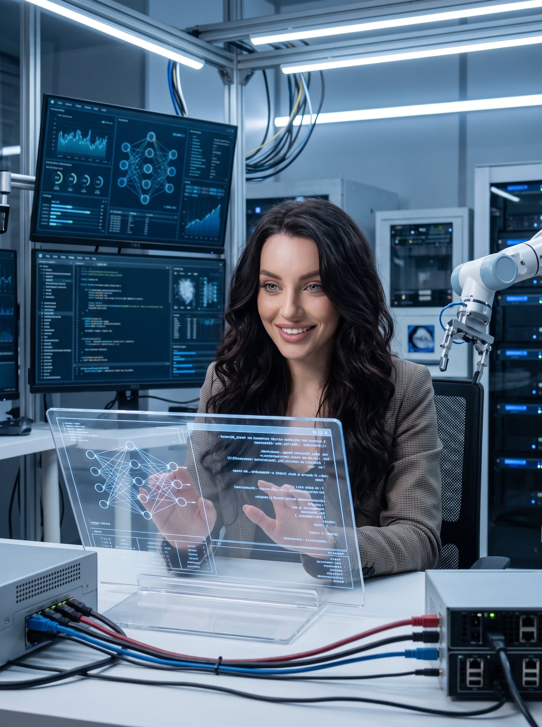 : A cutting-edge AI researcher with keen eyes, seated near high-tech equipment. The futuristic lab environment, highlighted by precise lighting, signifies their innovative spirit and relentless pursuit of breakthroughs in artificial intelligence.