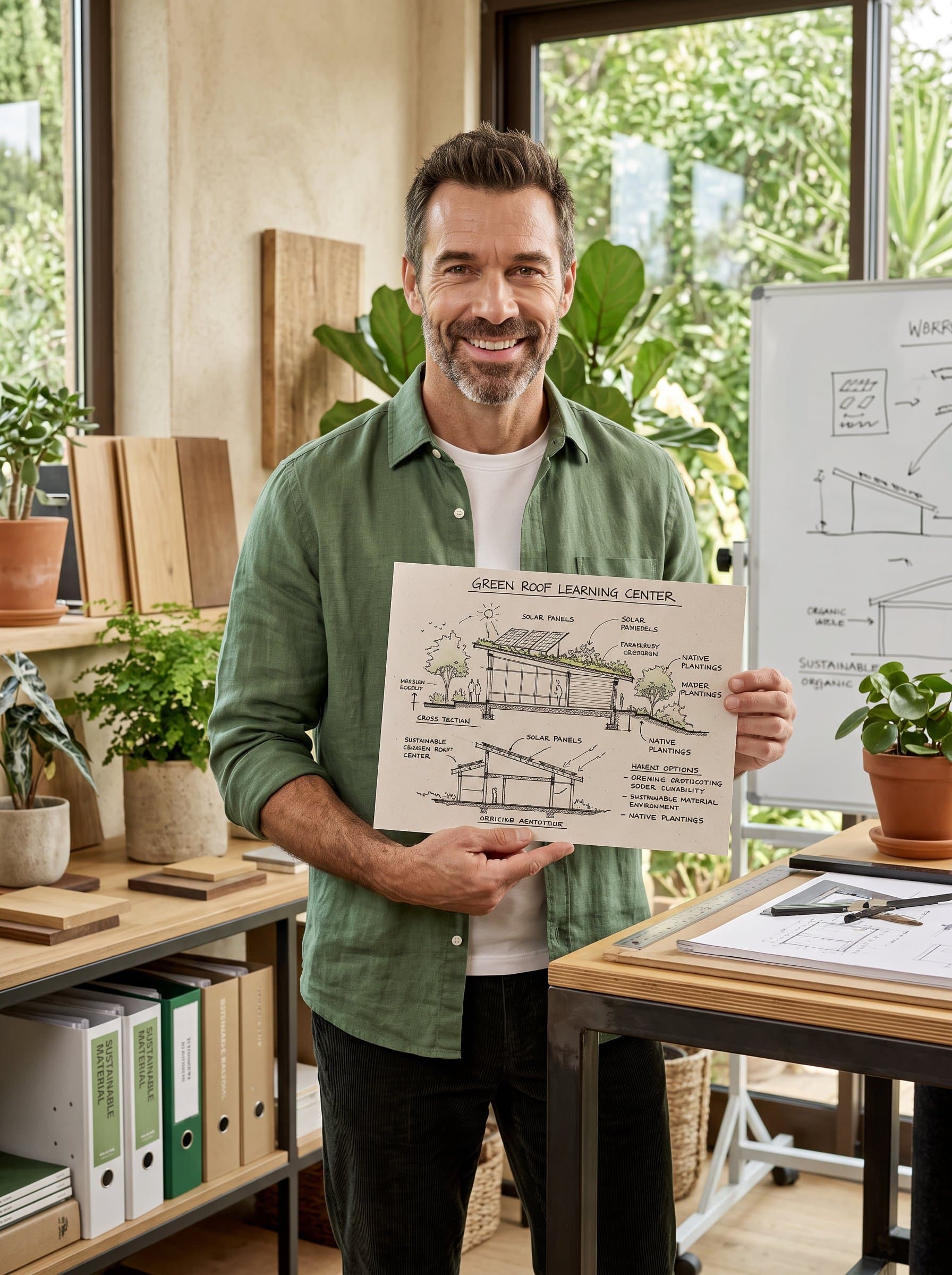 : An environmentally-conscious architect in eco-friendly attire, showcasing a sketch. The green-themed workspace, enhanced by soft lighting, reflects their passion for sustainability and forward-thinking design solutions.