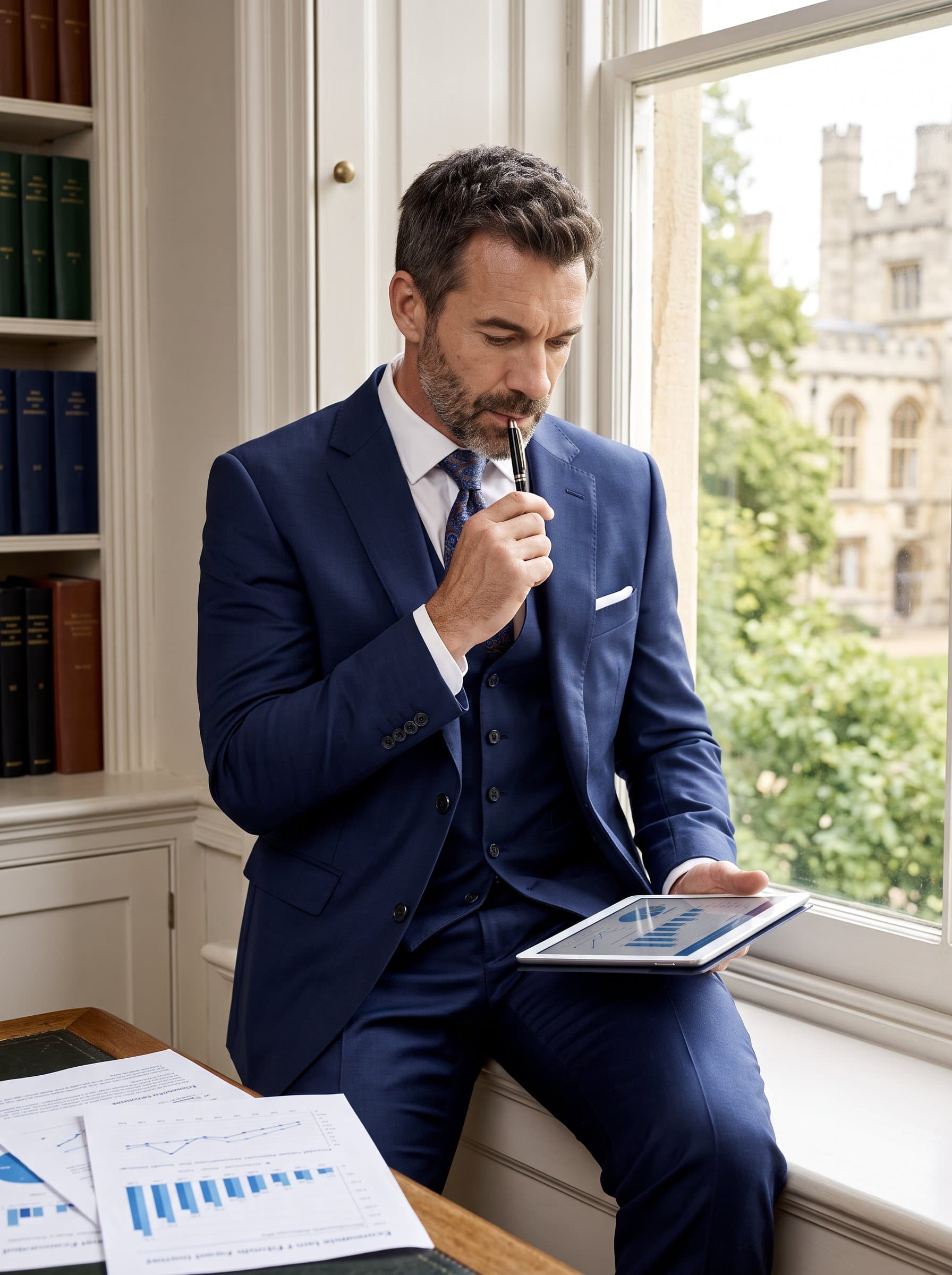: An insightful economist, in a formal outfit, perched by a window. The neutral academic backdrop, combined with gentle lighting, portrays their analytical depth and expertise in interpreting complex economic scenarios.