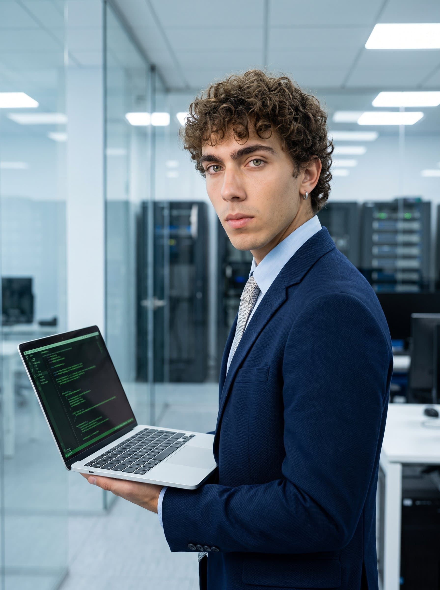 : A forward-thinking cybersecurity specialist, wearing a sharp outfit, with a laptop in hand. The neutral tech office backdrop, enhanced by precise lighting, underscores their vigilance and commitment to safeguarding digital spaces.