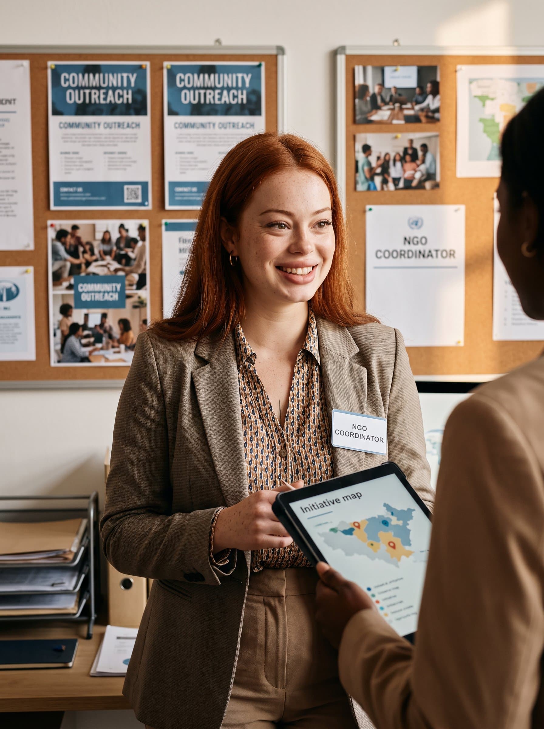 : A dedicated NGO coordinator, with an optimistic smile, wearing smart-casual attire. The neutral workspace, illuminated by warm lighting, illustrates their commitment to making a positive social impact and engaging community initiatives.