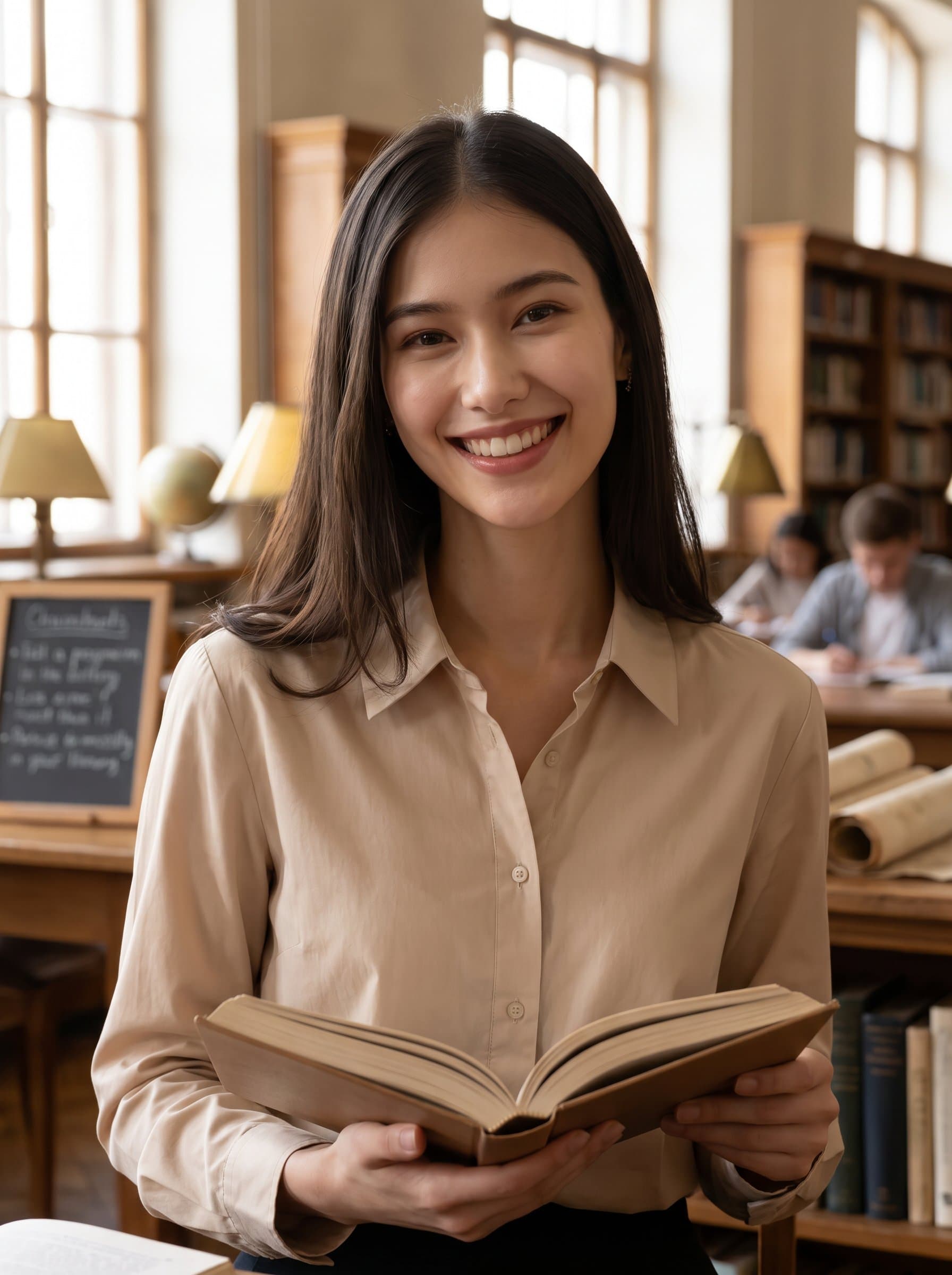 : A passionate educator with an engaging expression, holding a book. The academic setting, featuring subtle scholastic elements and warm lighting, emphasizes their dedication to knowledge sharing and student empowerment.
