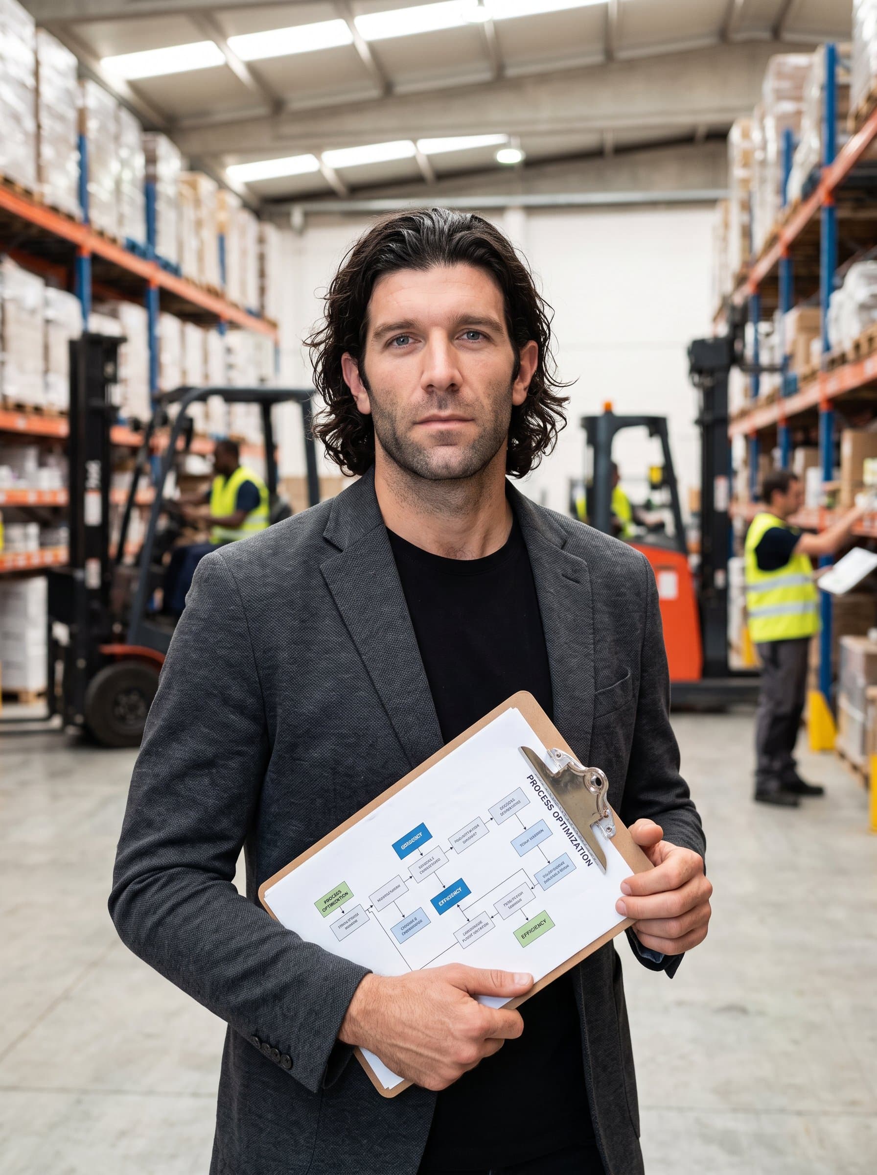 : A poised operations manager, with a strategic expression, holding a logistics chart. The neutral warehouse backdrop, sharpened by clear lighting, highlights their leadership in streamlining processes and enhancing operational efficiency.