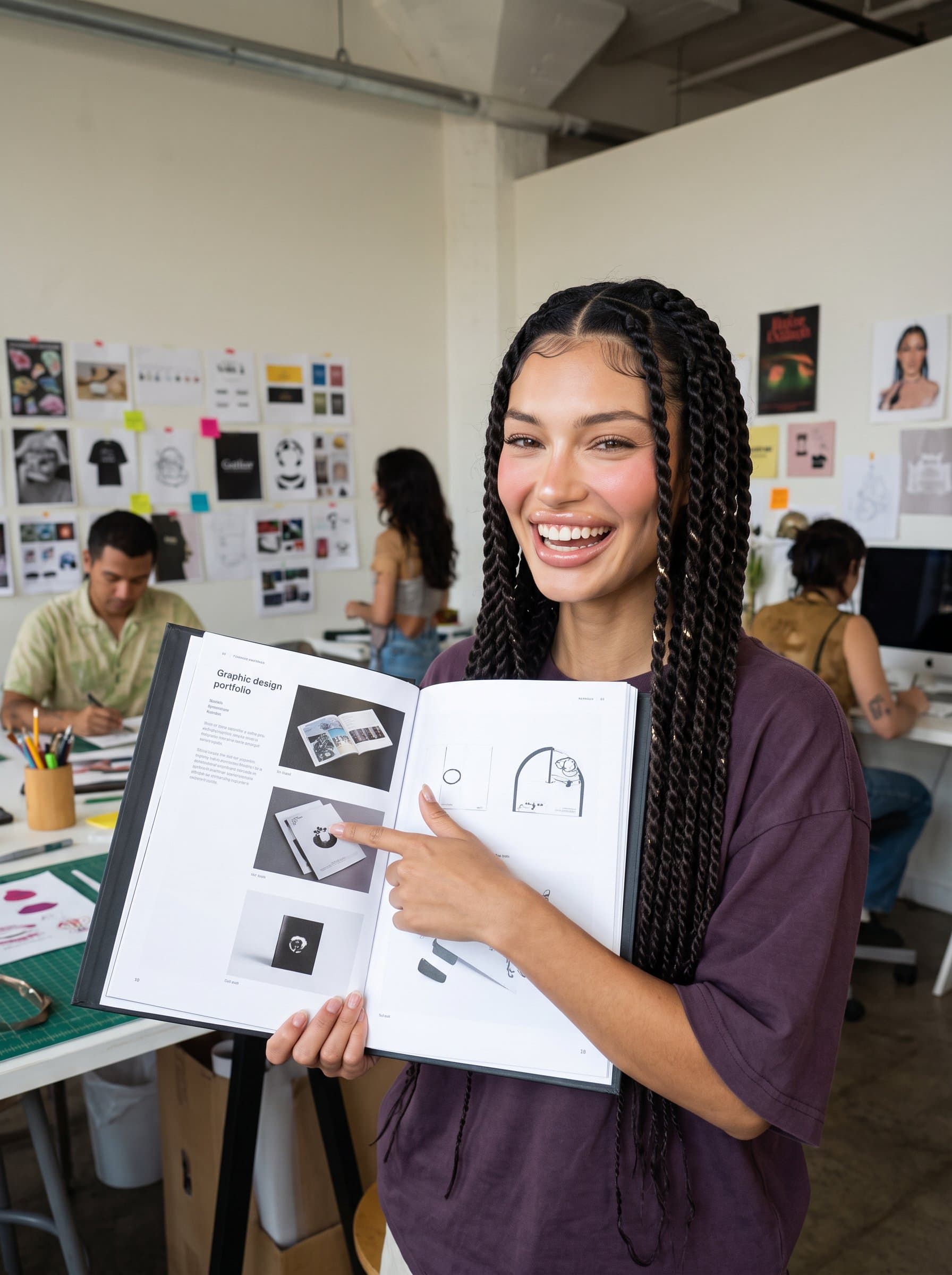 : An innovative graphic designer, displaying a portfolio with enthusiasm. The creative studio backdrop, with artistic touches and natural lighting, showcases their flair for visual storytelling and imaginative problem-solving.