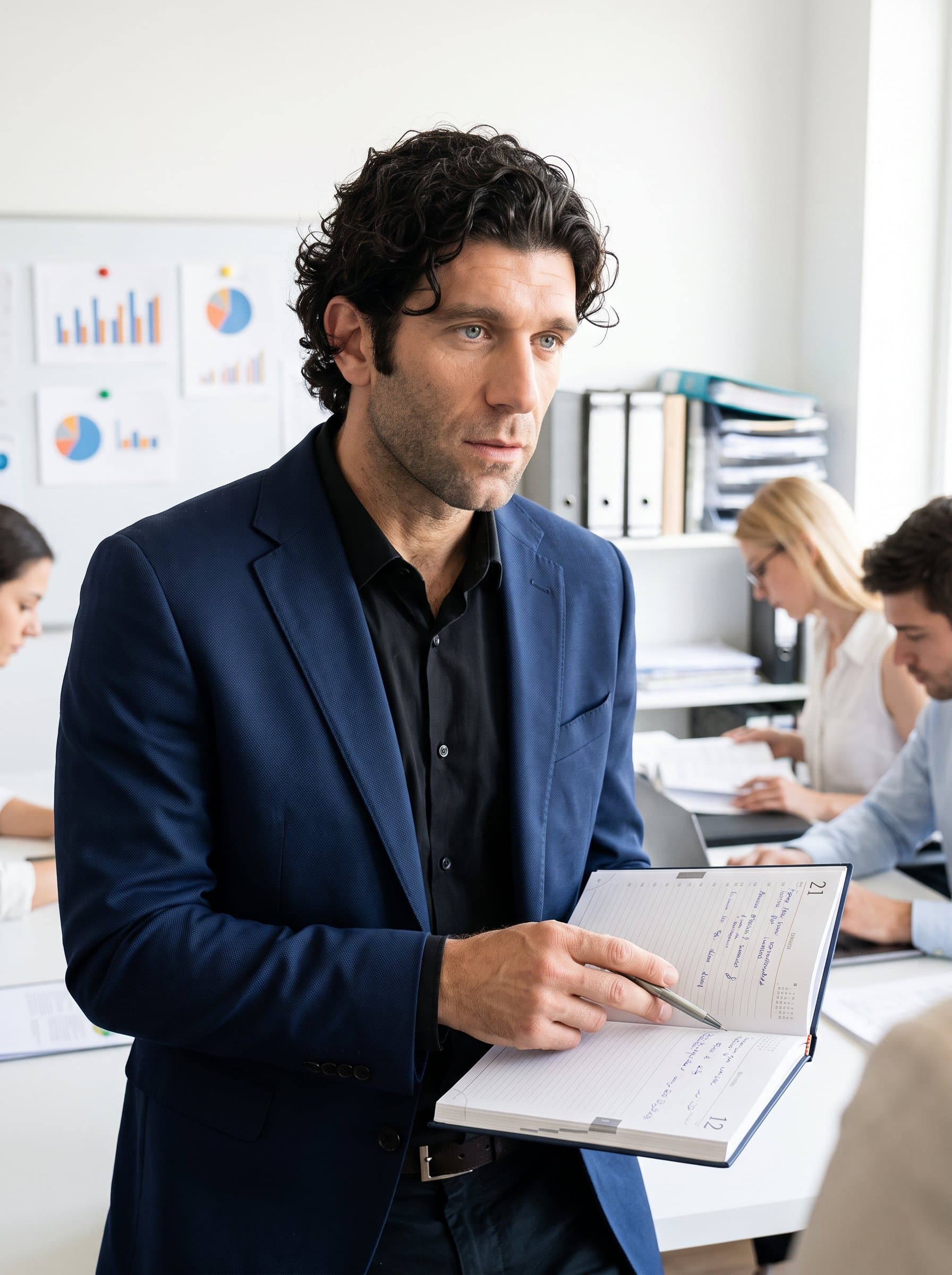 : A proactive project manager with a focused look, holding a planner. The organized office environment, illuminated by clear lighting, highlights their efficiency and methodical approach to managing multifaceted projects.