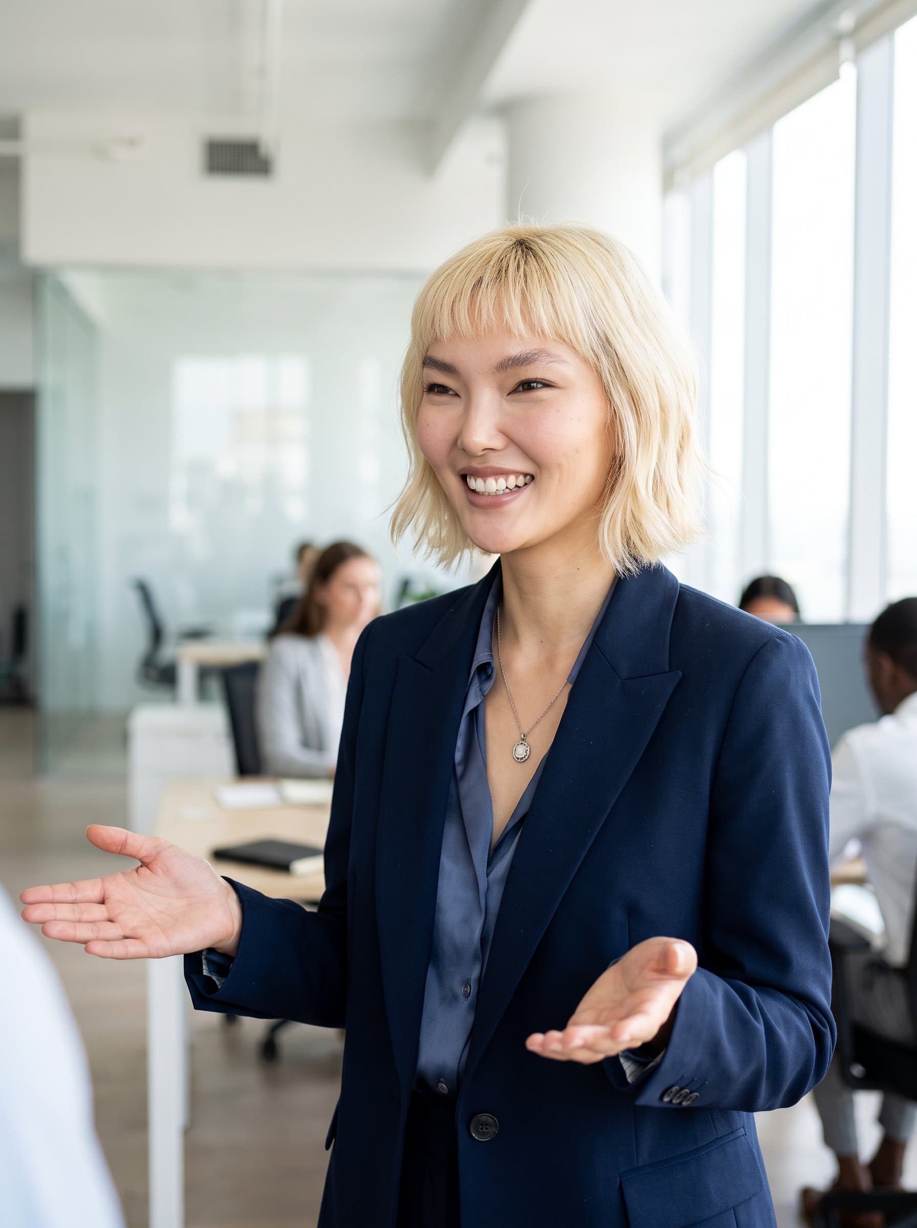 : An assertive sales executive, with an open gesture and friendly expression. The neutral office setting, accentuated by bright lighting, reflects their persuasive communication skills and ability to cultivate strong client relationships.