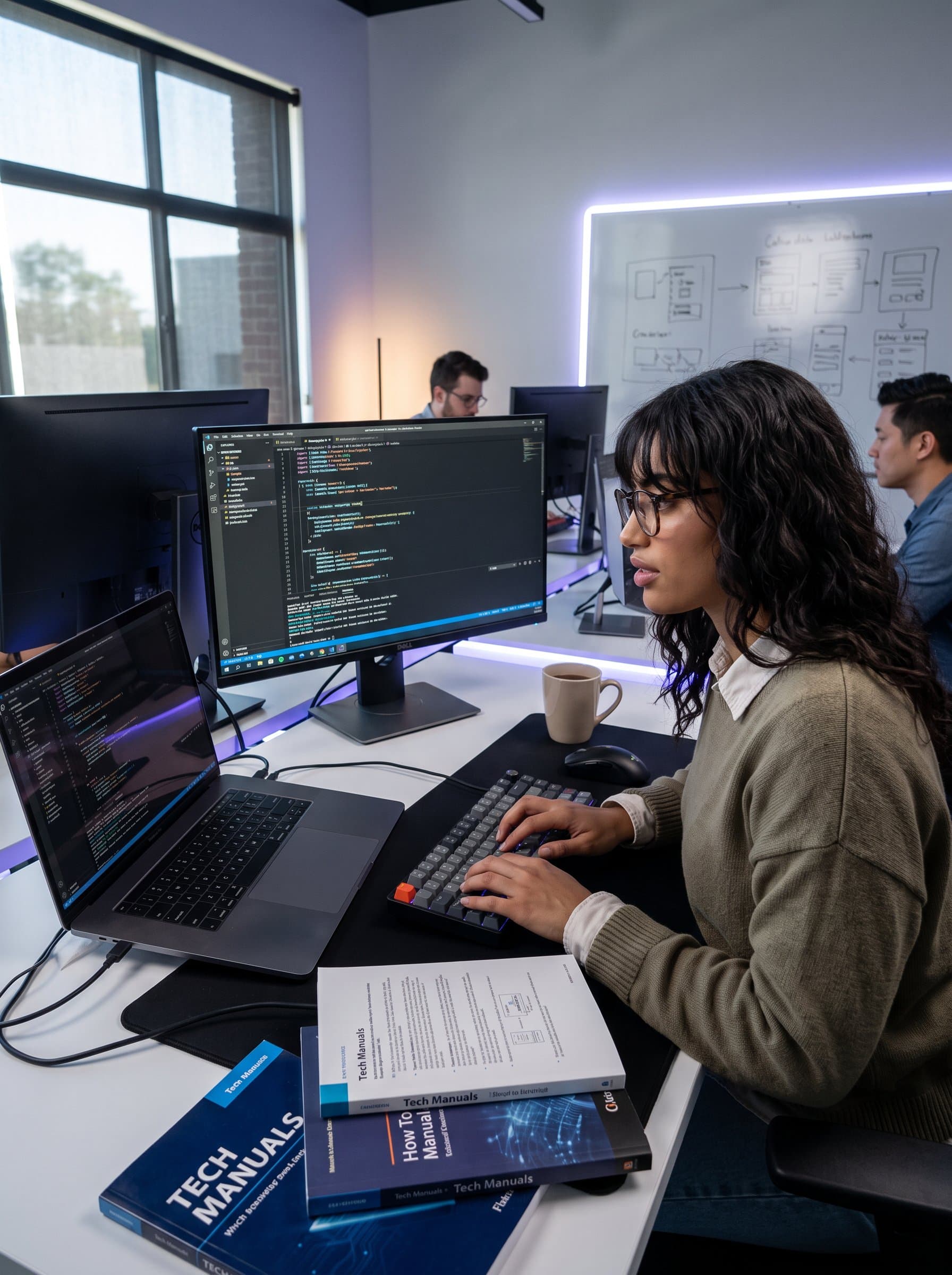: A passionate software developer with an inquisitive gaze, typing on a keyboard. The modern tech workspace, enriched by soft lighting, symbolizes their dedication to crafting innovative solutions and advancing technological boundaries.