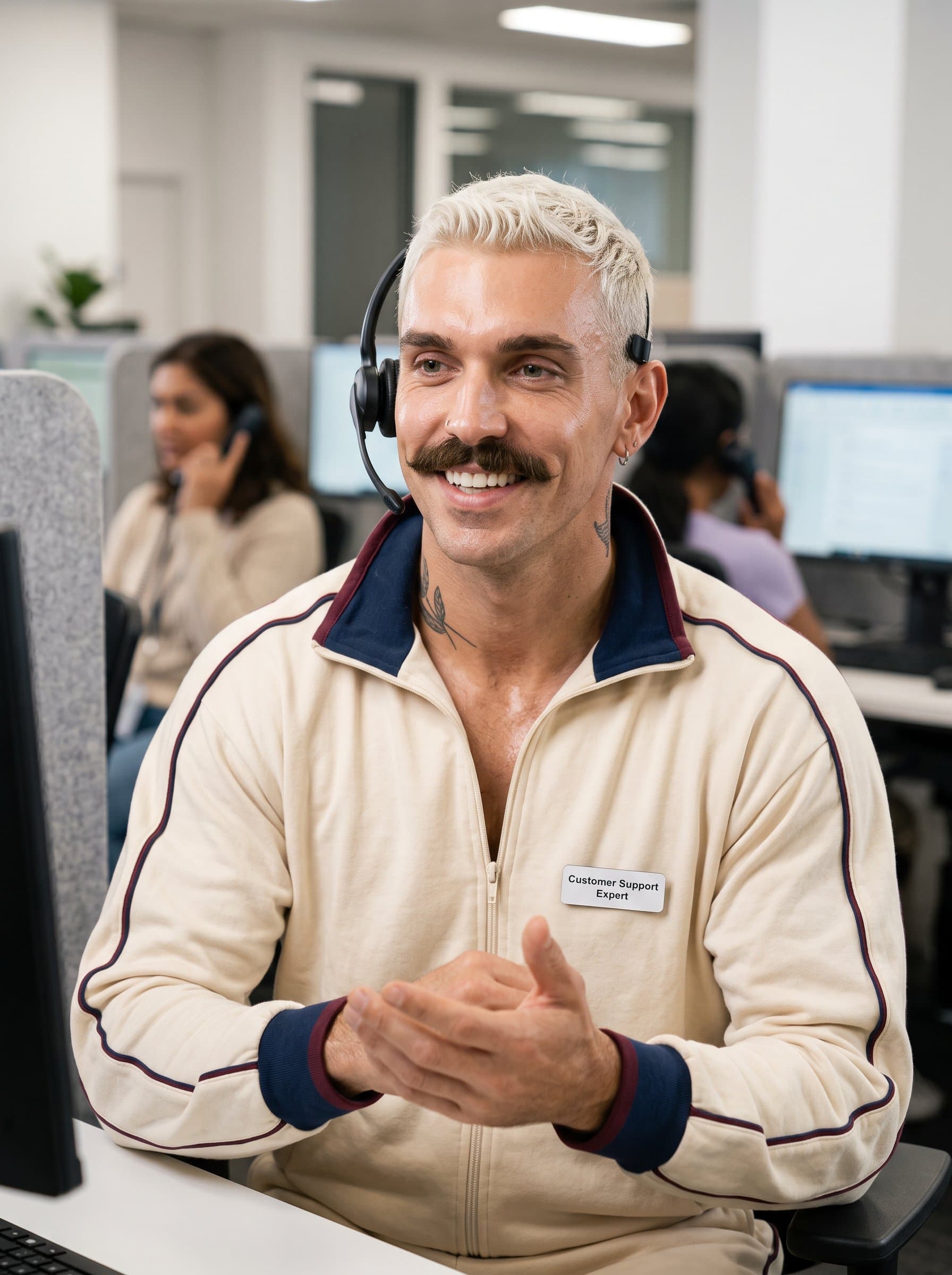 : An intuitive customer service expert, with a warm demeanor and headset. The neutral call center backdrop, paired with gentle lighting, conveys their proficiency in handling inquiries and fostering positive client interactions.