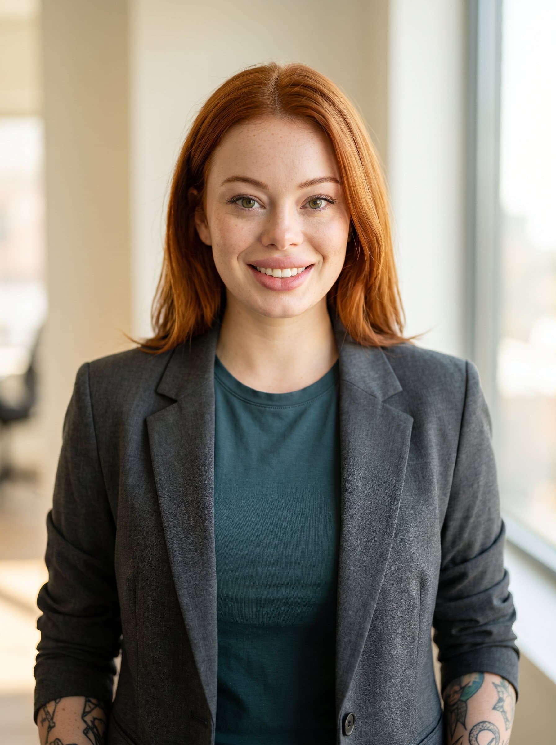 : Capture a photorealistic AI employee headshot with a minimalist background, featuring a gender-neutral woman. Use natural lighting to enhance the professional aura suitable for a modern tech company profile.