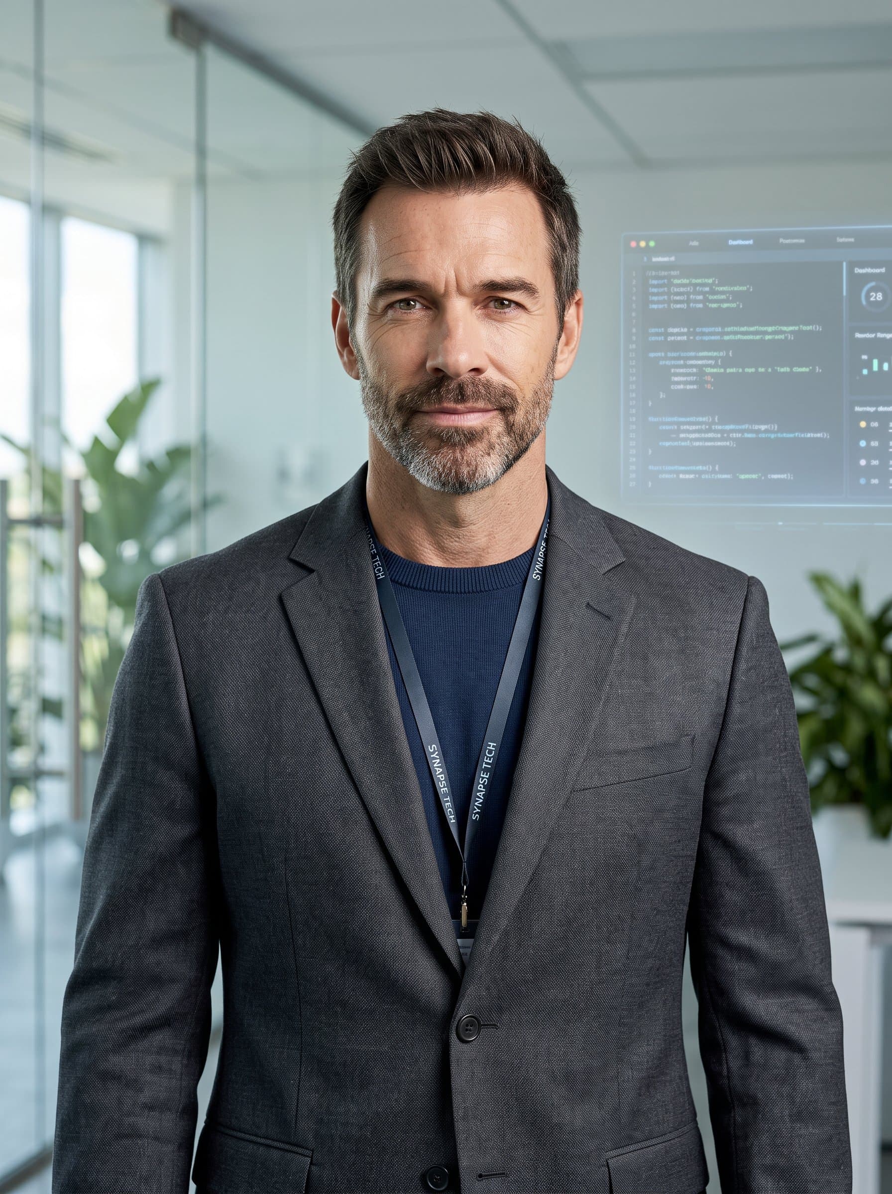 : Generate a photorealistic headshot of a tech employee. The man should appear centered with a neutral expression, set against an uncluttered, modern background emphasizing a forward-thinking corporate culture.