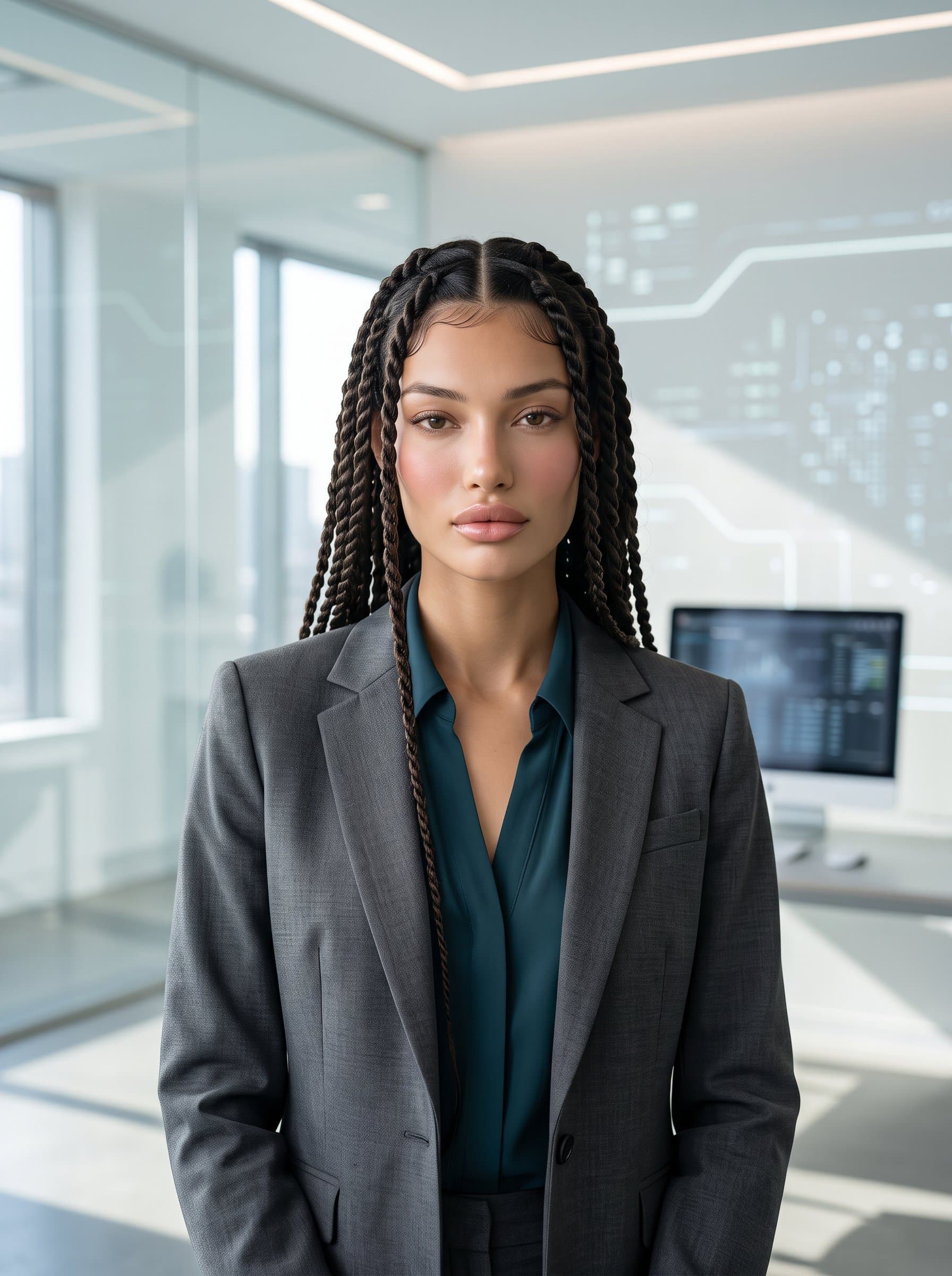 : Craft a professional headshot with an AI touch. Position the woman centrally with a calm demeanor, using soft natural lighting against a clear background to reflect a tech-savvy environment.