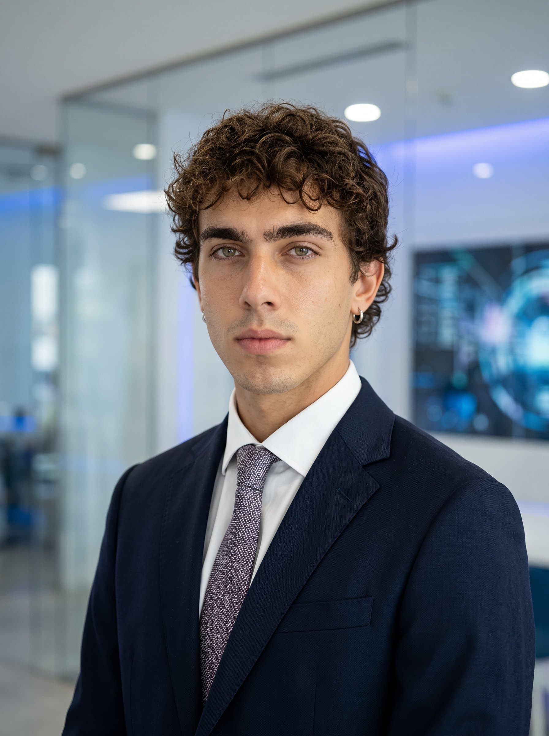: Create a professional AI headshot for an employee, focusing on a centered man with a neutral expression. The background should be sleek and uncluttered, embodying the essence of tech innovation.