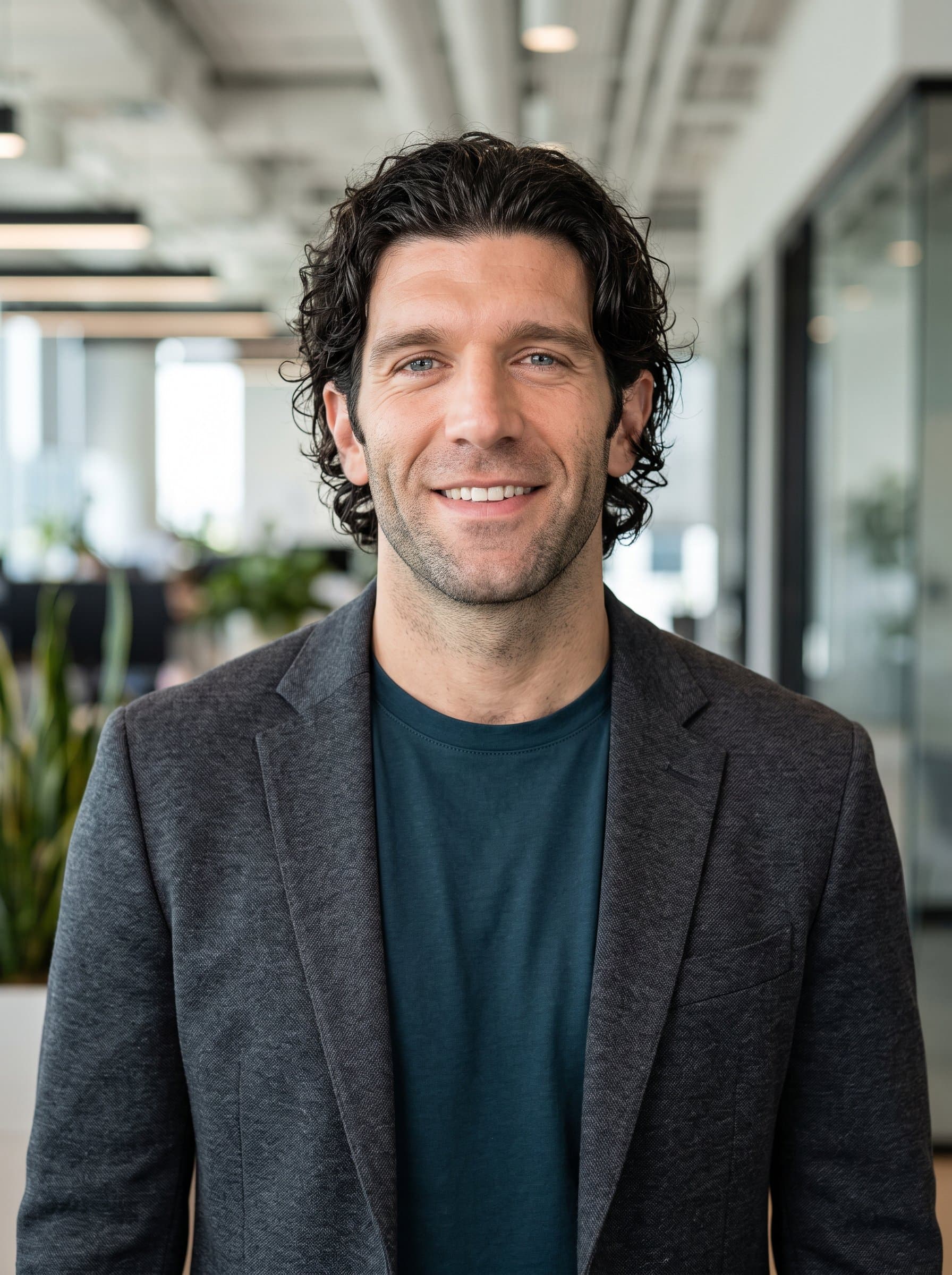 : Create a professional AI employee headshot with a contemporary flair. The gender-neutral man is centrally positioned, with a focus on simplicity and natural lighting for a tech-oriented appearance.