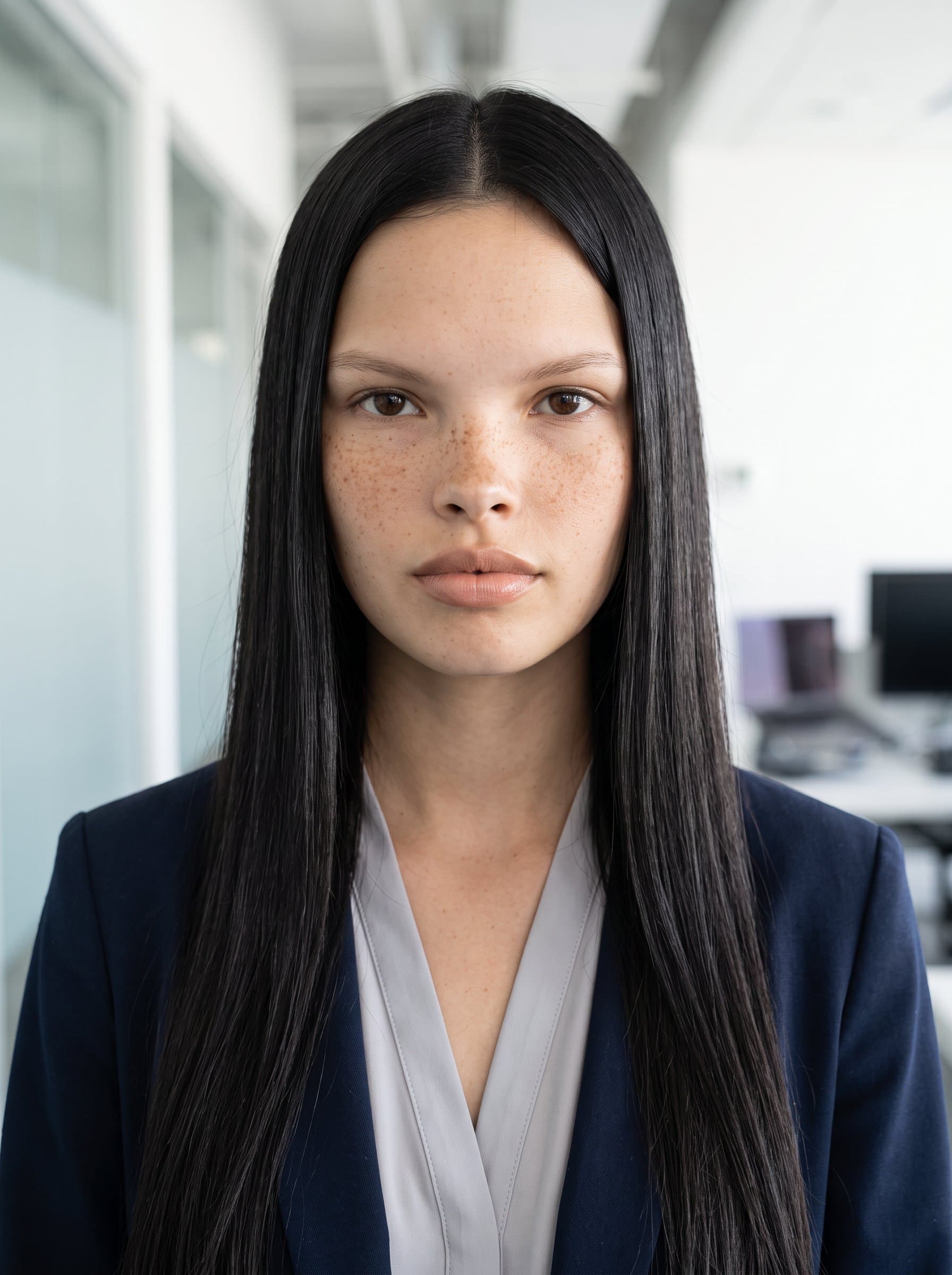 : Produce an AI-captured employee headshot, ensuring a clear, neutral expression. The background is minimalistic and well-lit, emphasizing professionalism and tech industry readiness.