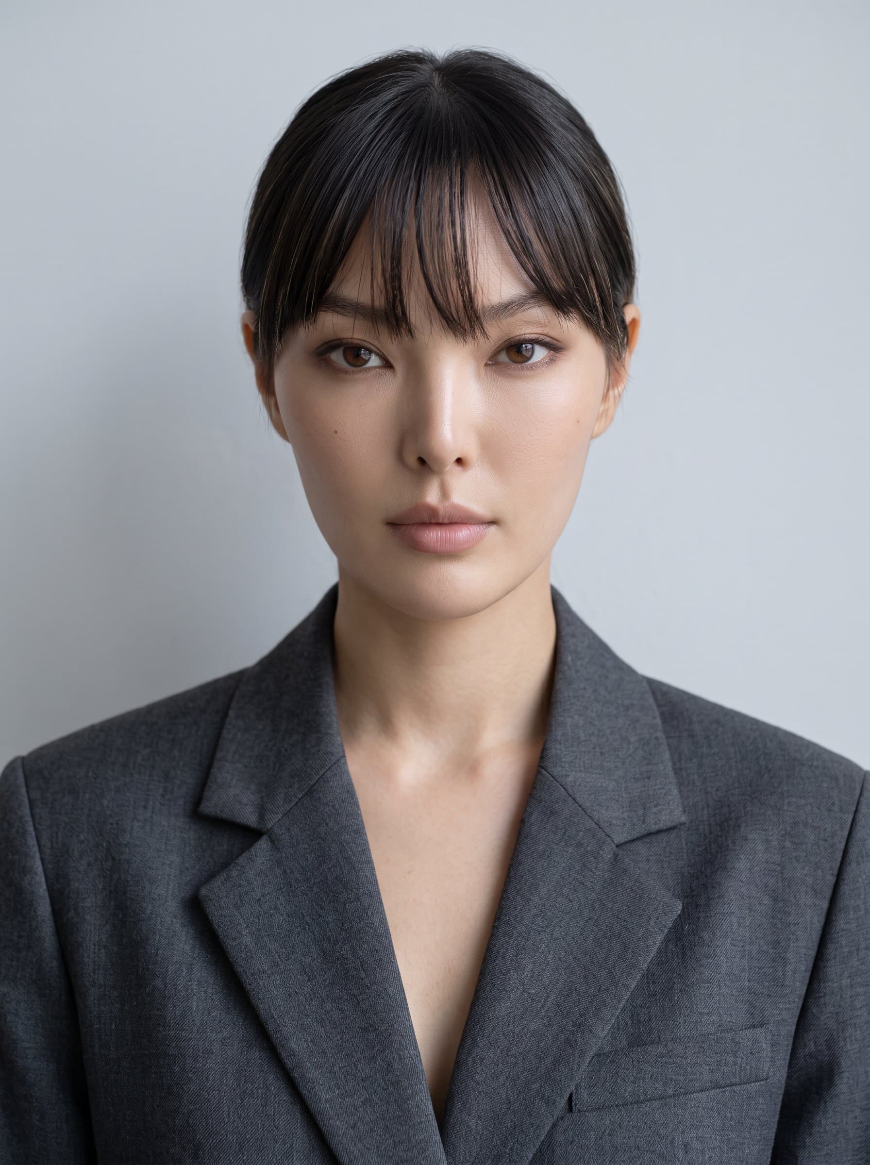 : Generate a minimalist headshot for an AI employee. The focus is on a neutral expression and a centered woman, set against an unadorned background to highlight tech professionalism.