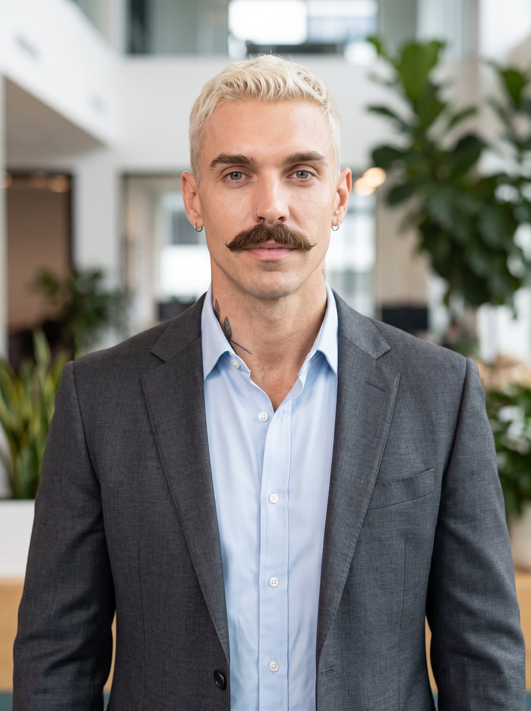 : Capture a professional AI employee headshot, using a clear, minimalist background. The man, with a neutral expression, is illuminated naturally to reflect the modern standards of a tech company.