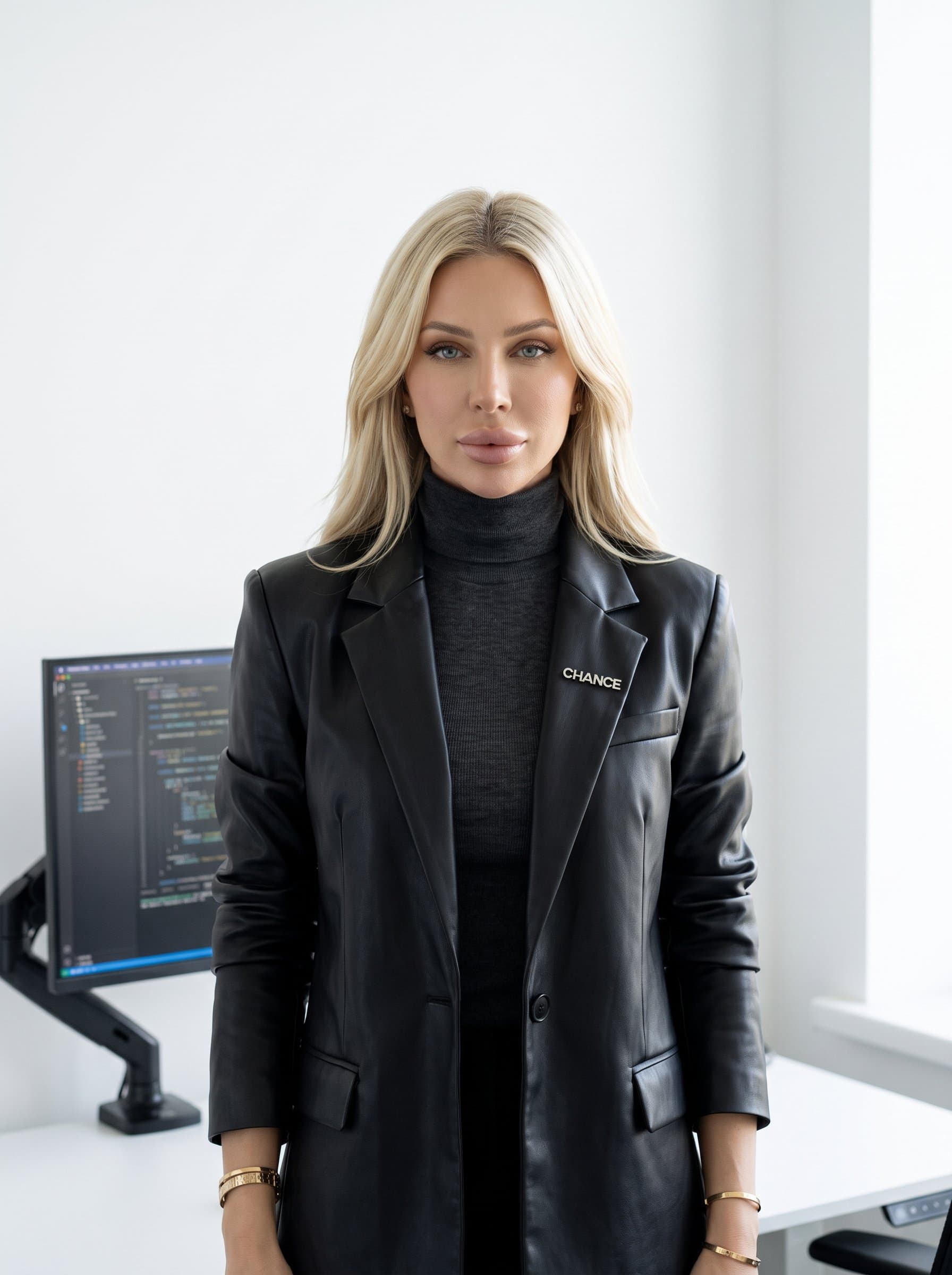 : Develop an AI employee headshot that embodies a tech-centric ethos. Ensure the woman is centered and neutral in expression, with a minimalist backdrop and natural lighting conveying modernity.