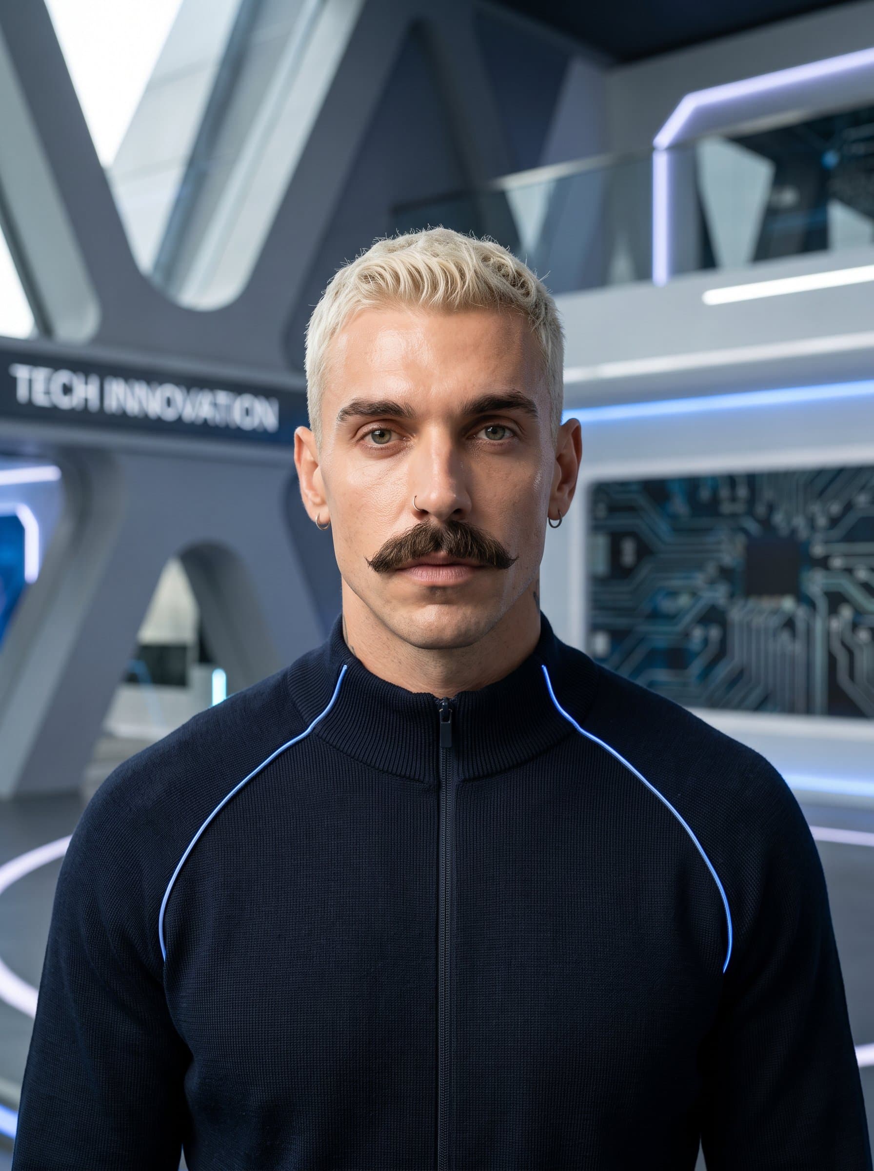 : Create a photorealistic AI headshot with a tech-driven flair. The centered man exhibits a neutral expression, complemented by a streamlined, well-lit background that echoes innovation.