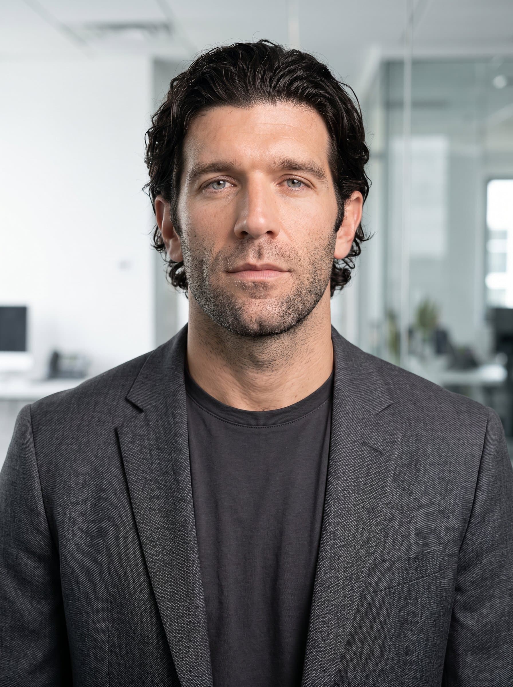 : Produce a polished AI employee headshot, emphasizing a centered, gender-neutral man. The neutral expression and clear background convey the forward-thinking nature of a tech environment.