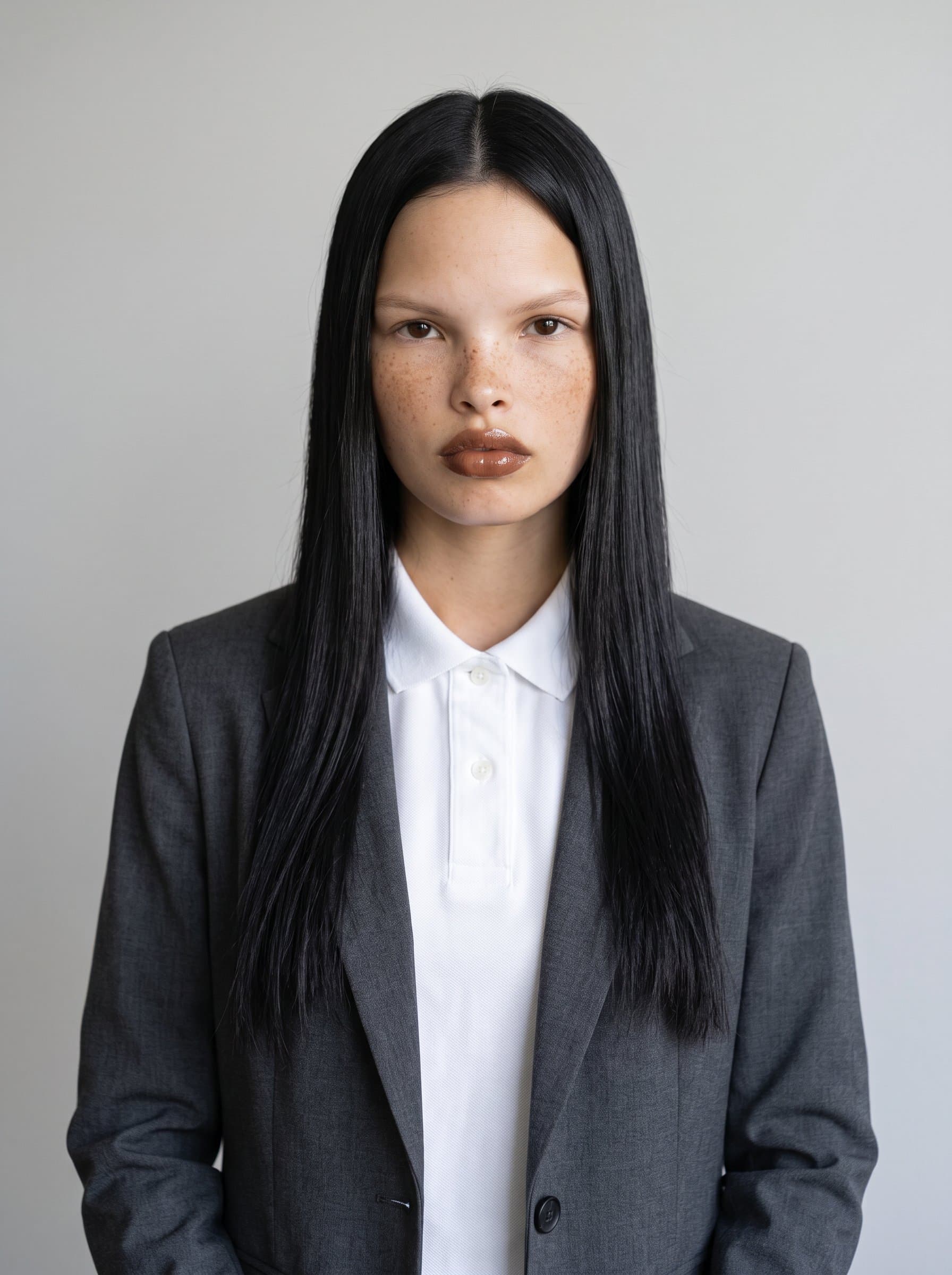 : Design a tech-savvy AI headshot with a focus on simplicity. The woman stands centered, expressionless, in natural light, against an unadorned backdrop, encapsulating modern corporate professionalism.
