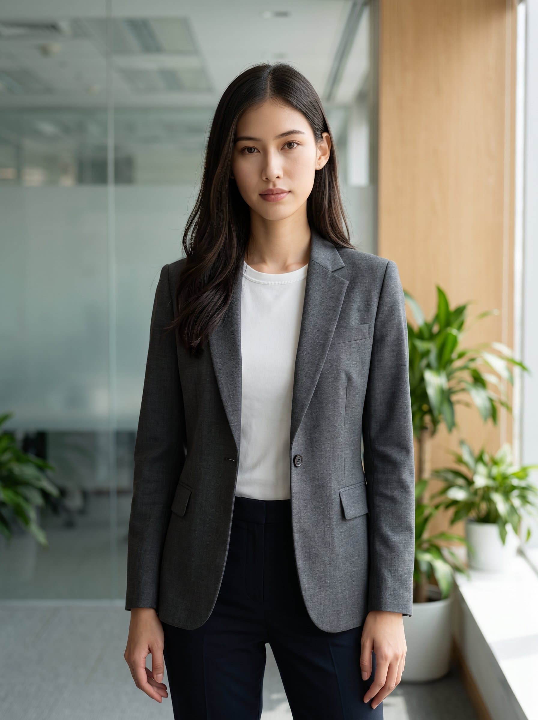 : Fabricate a tech company headshot using AI. A neutral, genderless woman stands out against a clean, unobtrusive background, with natural lighting enhancing the professional and modern look.