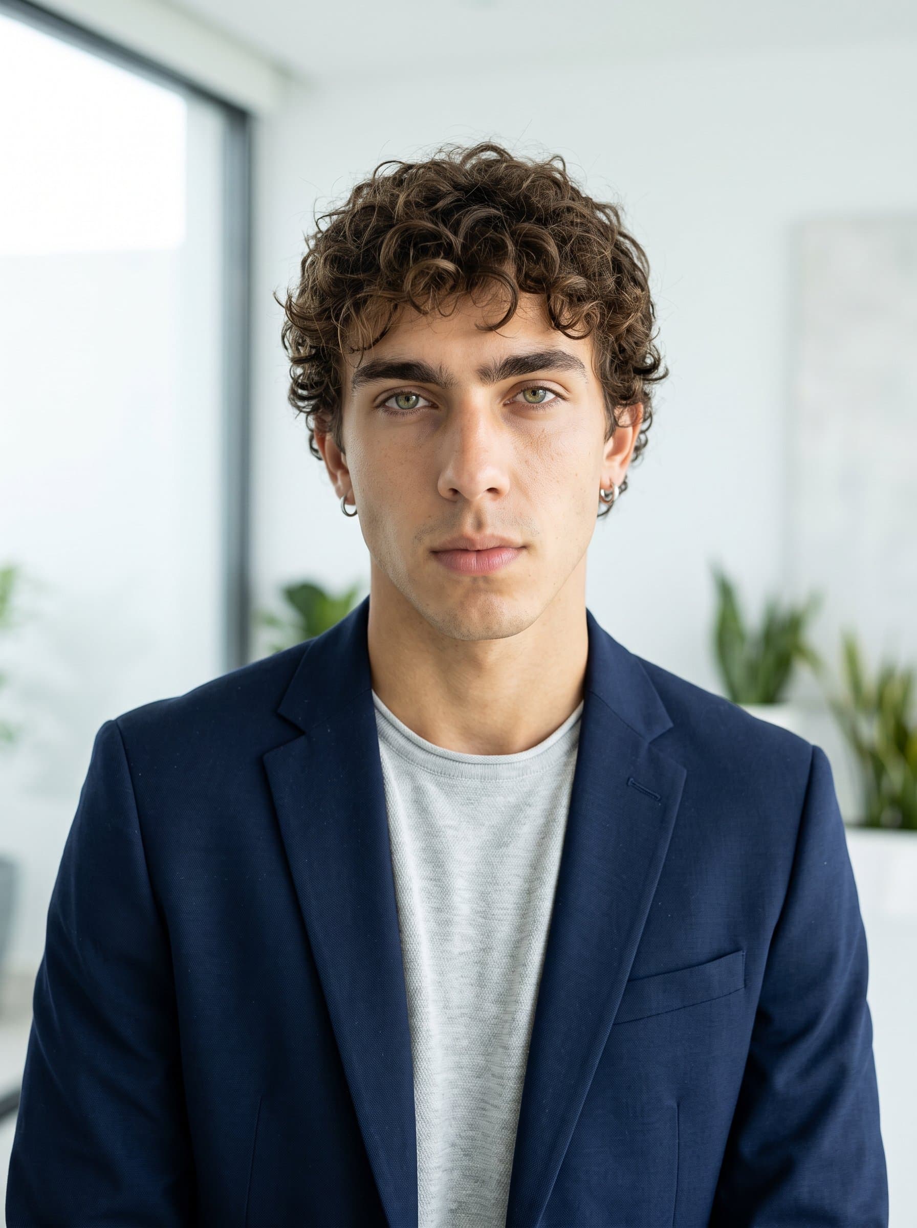 : Capture a modern AI headshot for a tech employee. The man is neutrally posed and centered, with a clear and simple background, using natural light to underscore a professional demeanor.