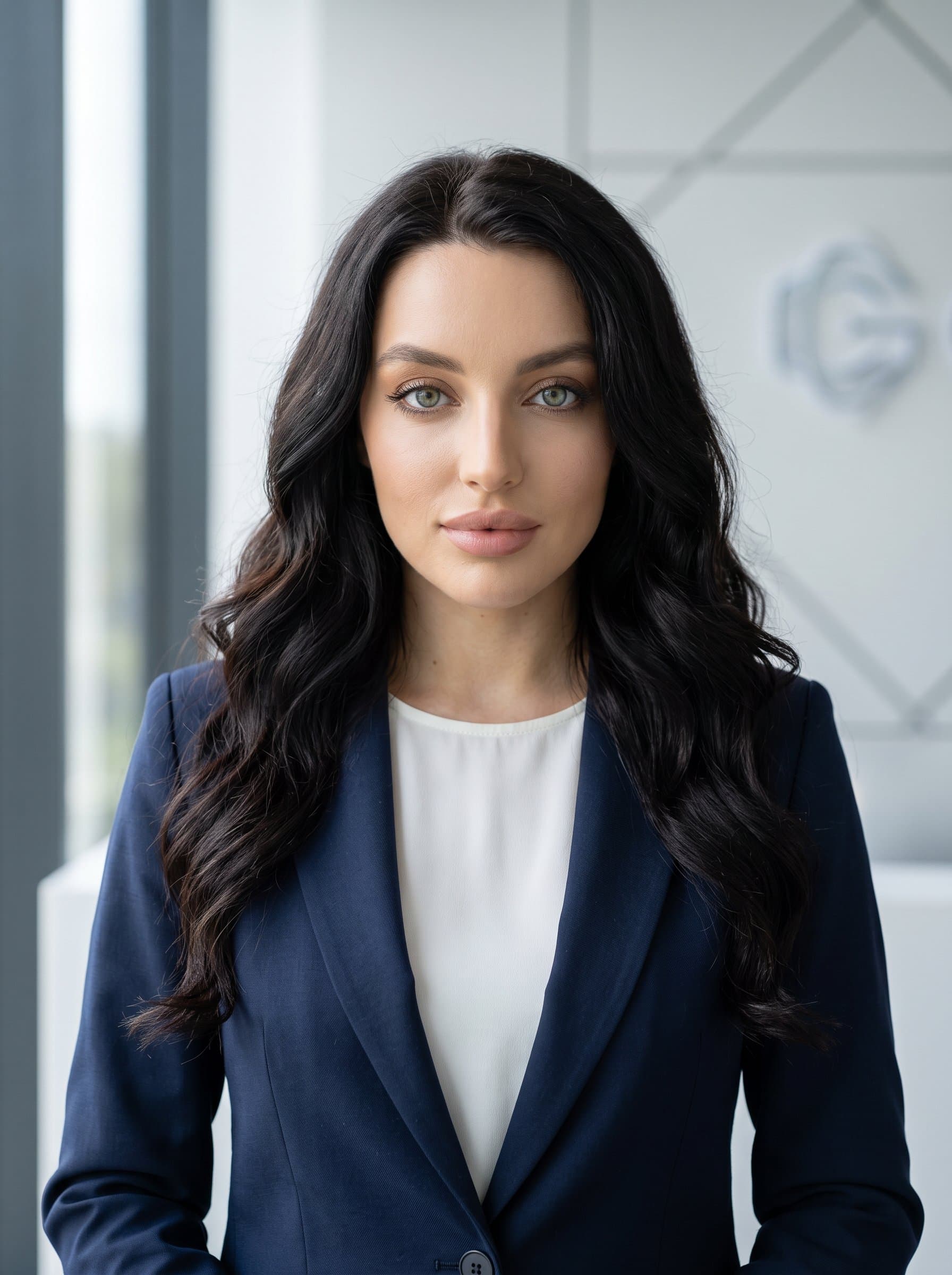 : Create an AI-generated headshot that exudes professionalism in the tech sphere. The woman, centered with a neutral look, is highlighted by natural lighting against a clean, minimalist backdrop.