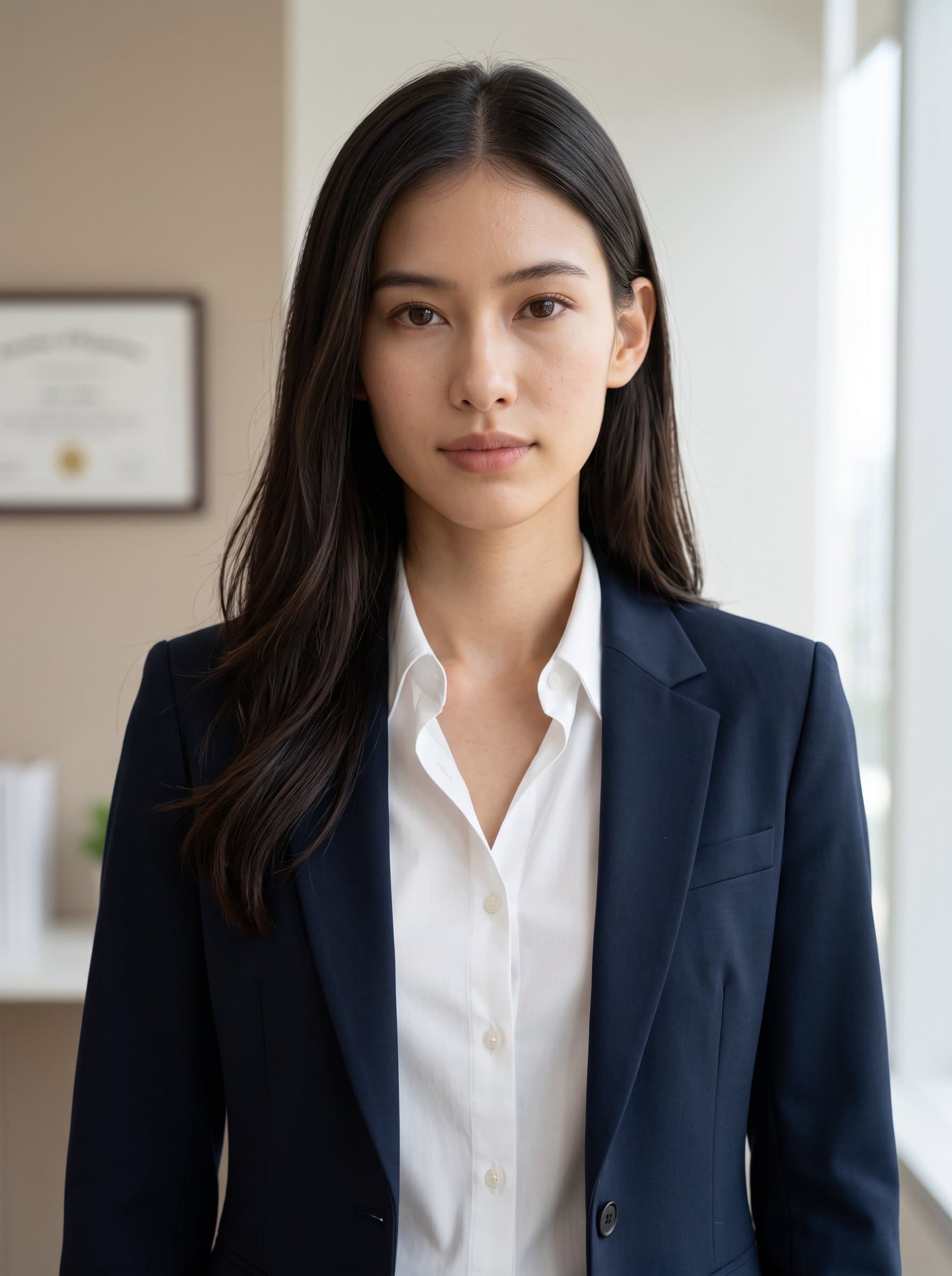 : Design an AI employee's headshot with a clear, neutral tone. The woman appears centered against a clean background, benefiting from natural illumination to convey professionalism in tech.