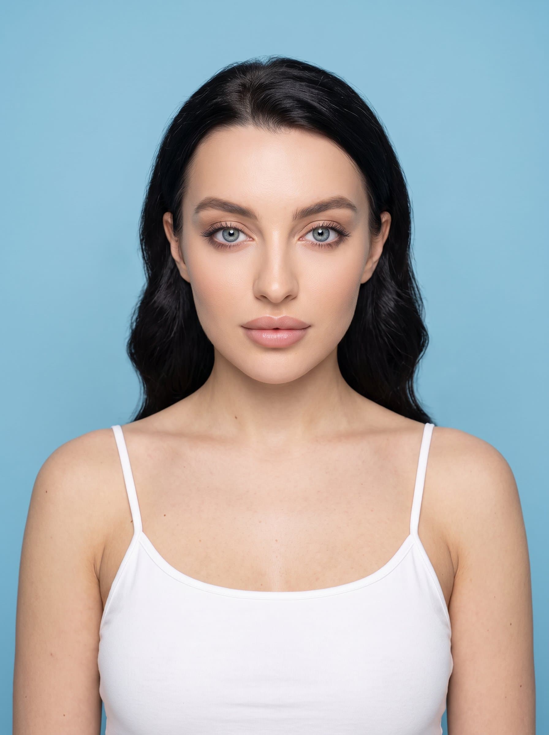 Design a image featuring a clear, unobstructed view of the face against a simple blue background. Ensure the woman holds a neutral expression in line with global visa photo standards.