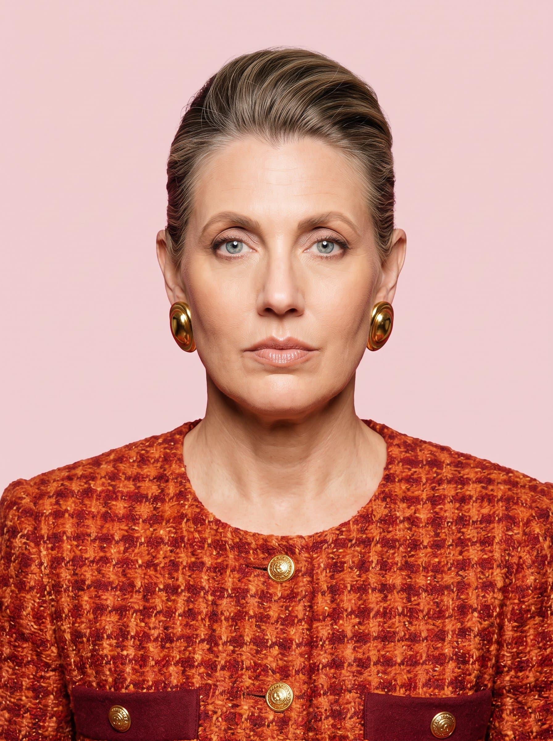 Fashion a photo on a flat, pale pink background. The woman must be centered, with a visible and unobstructed face, following universal visa photo standards.