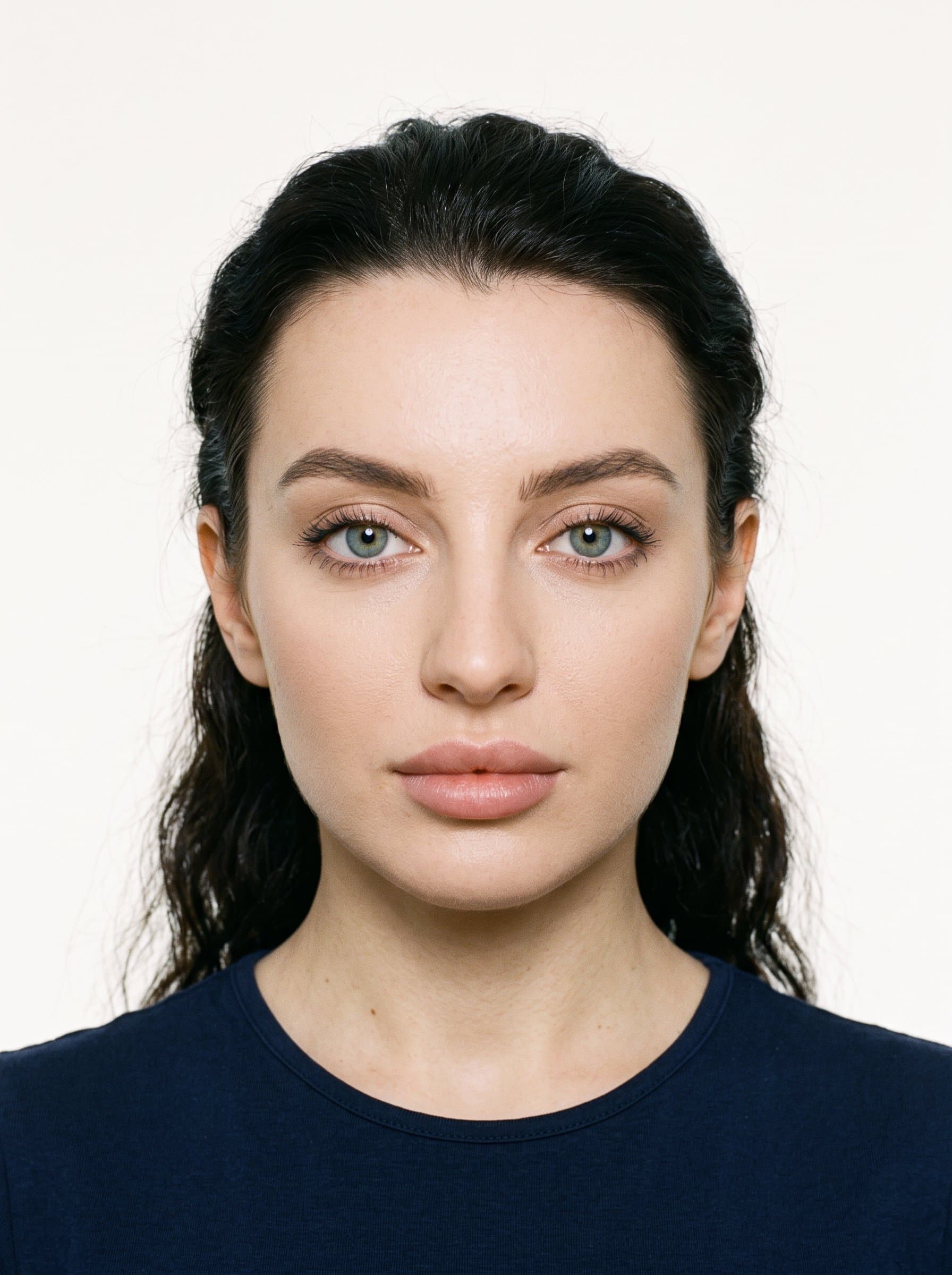 Capture a headshot with a neutral expression on a plain white background. Ensure the face is clearly visible, well-lit, and unobstructed, adhering to international visa guidelines for travel documentation.