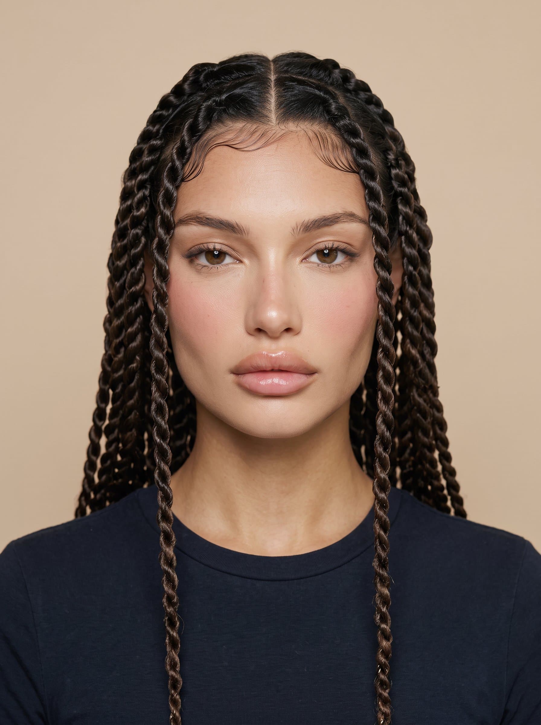Produce a headshot on a plain beige background. The woman should have a straight gaze and a calm expression, conforming to official visa documentation specifications.