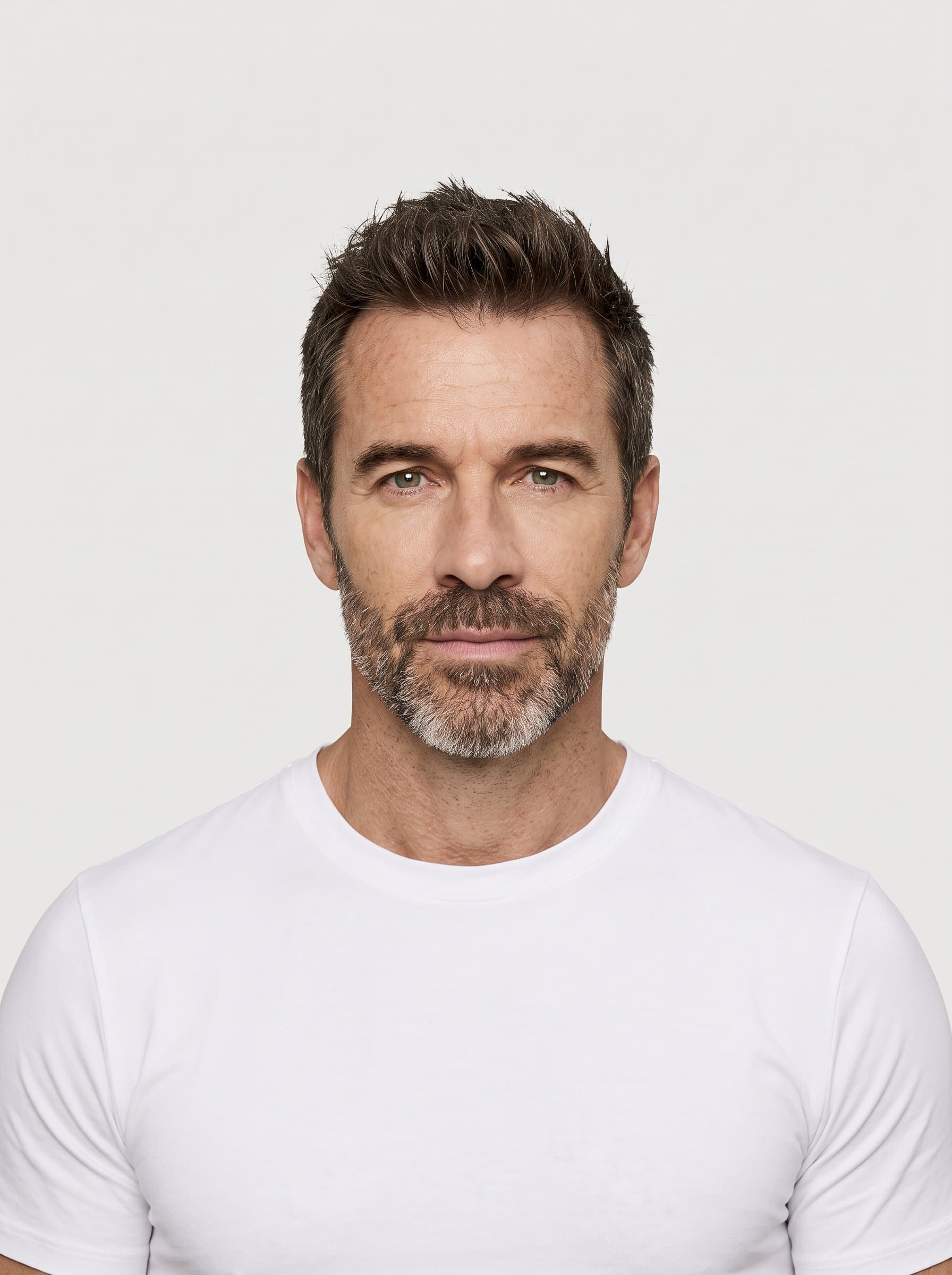 Create a portrait with an off-white background. Position the man facing forward, with even lighting and no shadows, meeting international travel photo criteria.