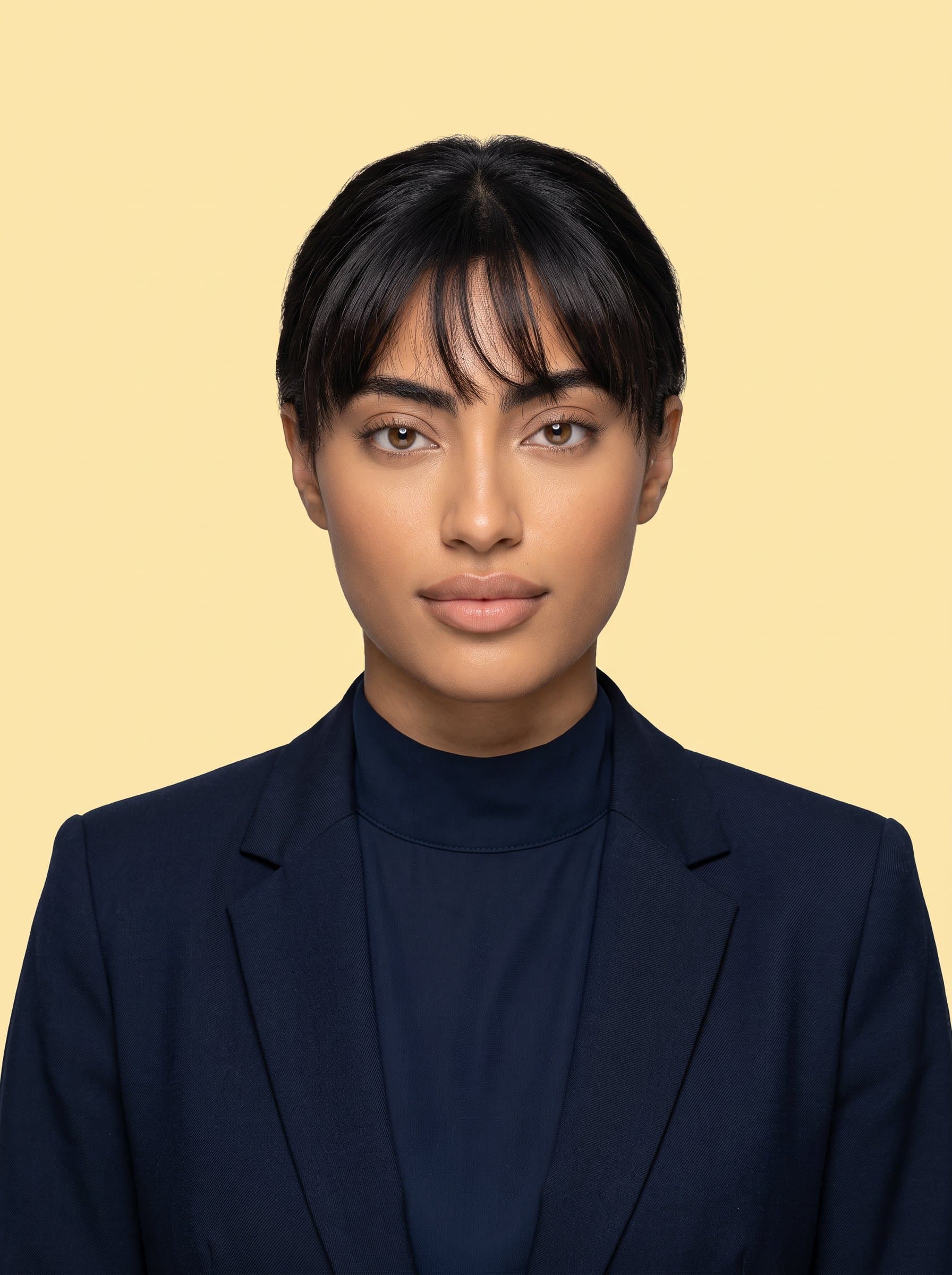 Design a photo showcasing a clear, front-facing view of the woman on a plain yellow background. Ensure adherence to international travel documentation photo criteria.