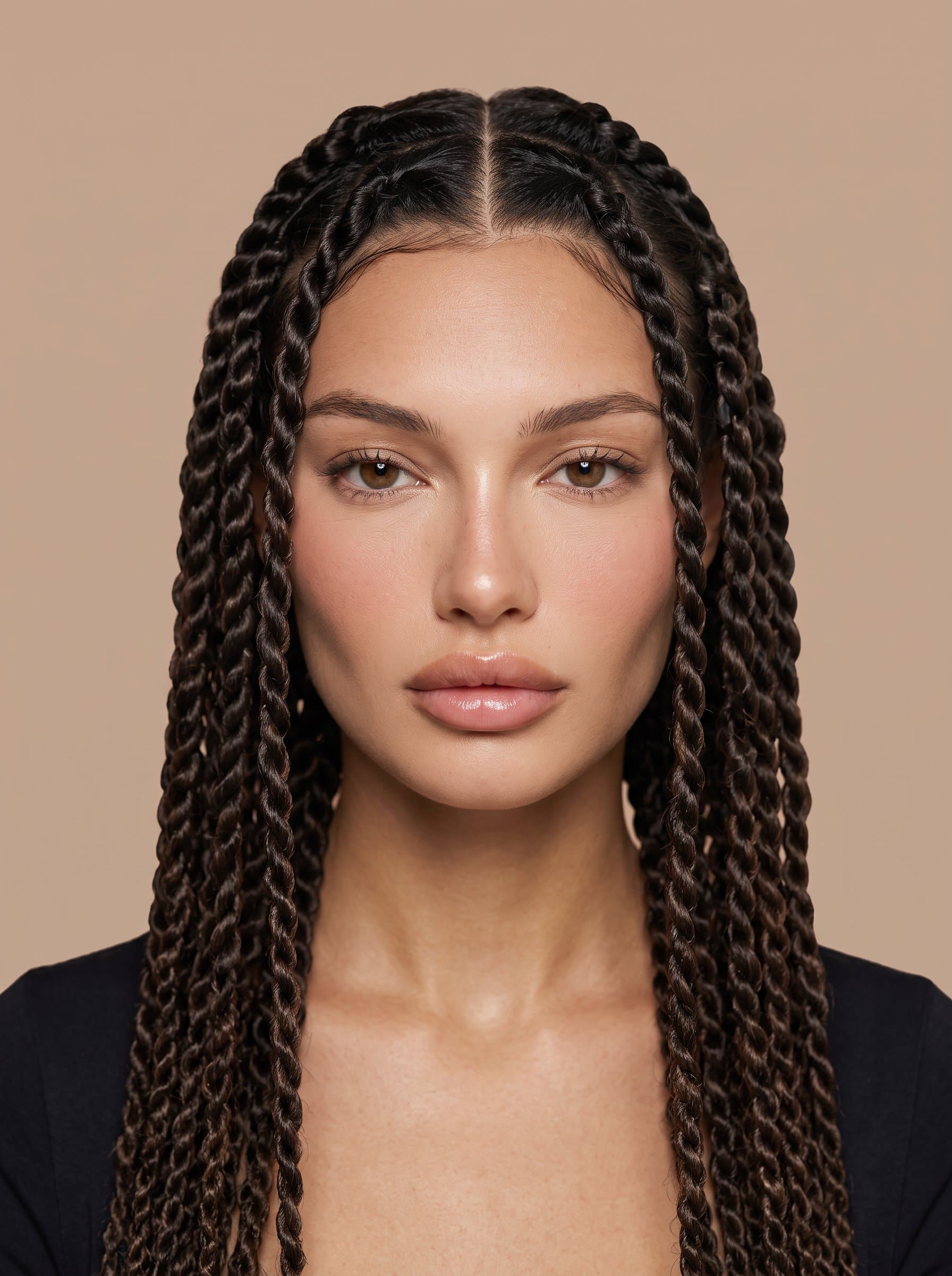 Capture a headshot in a sleek, light brown background setting. Ensure the facial features are clearly visible and comply with international visa guidelines for travel documents.