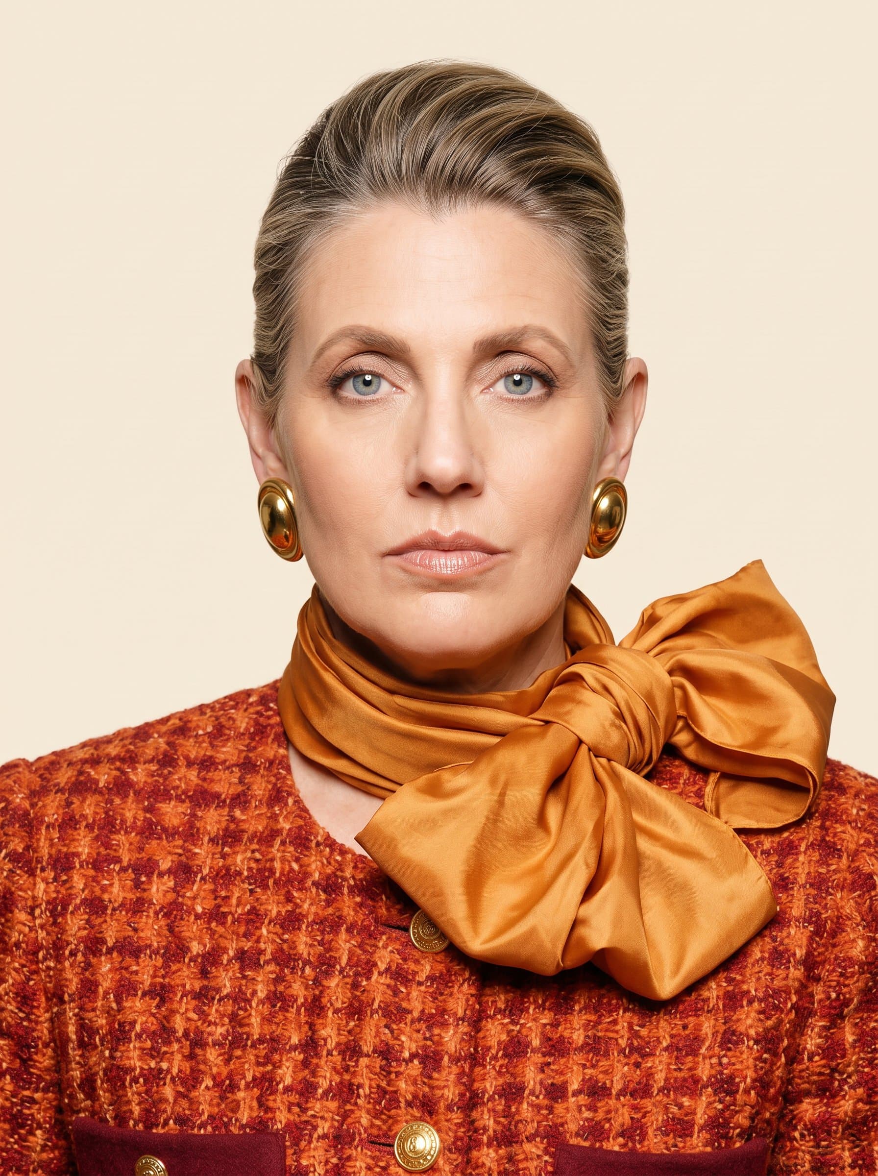 Render a photo against a soft cream background. The woman's face should be evenly lit and clearly visible, in accordance with official visa photo specifications.