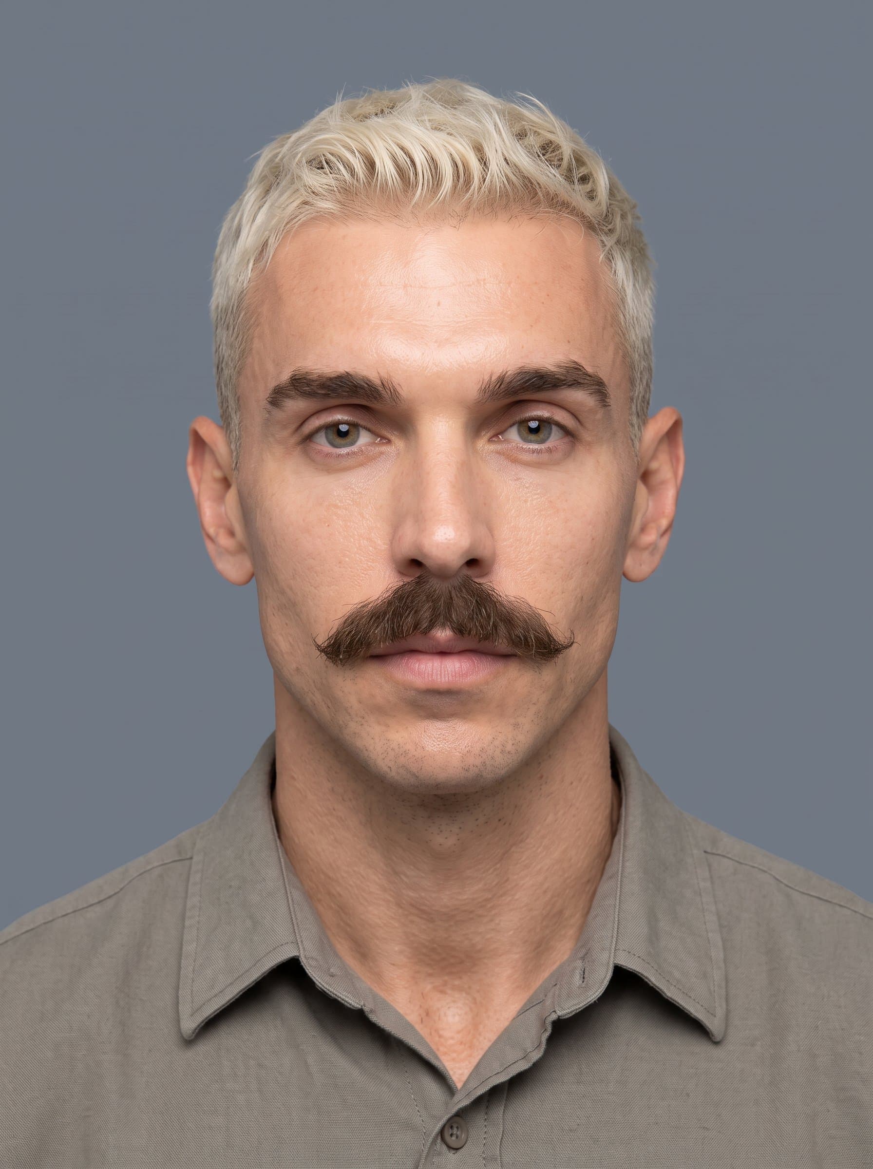 Fashion a image on a neutral slate grey background. The man should display a calm expression with no obstructions, following universal visa photo standards.