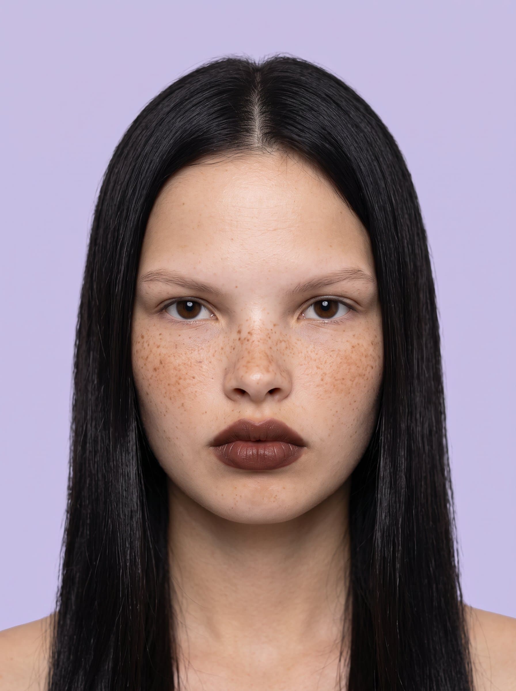 Create a image with a soft lilac background. Ensure the woman's facial features are clearly visible and expression remains neutral, meeting international visa photo standards.