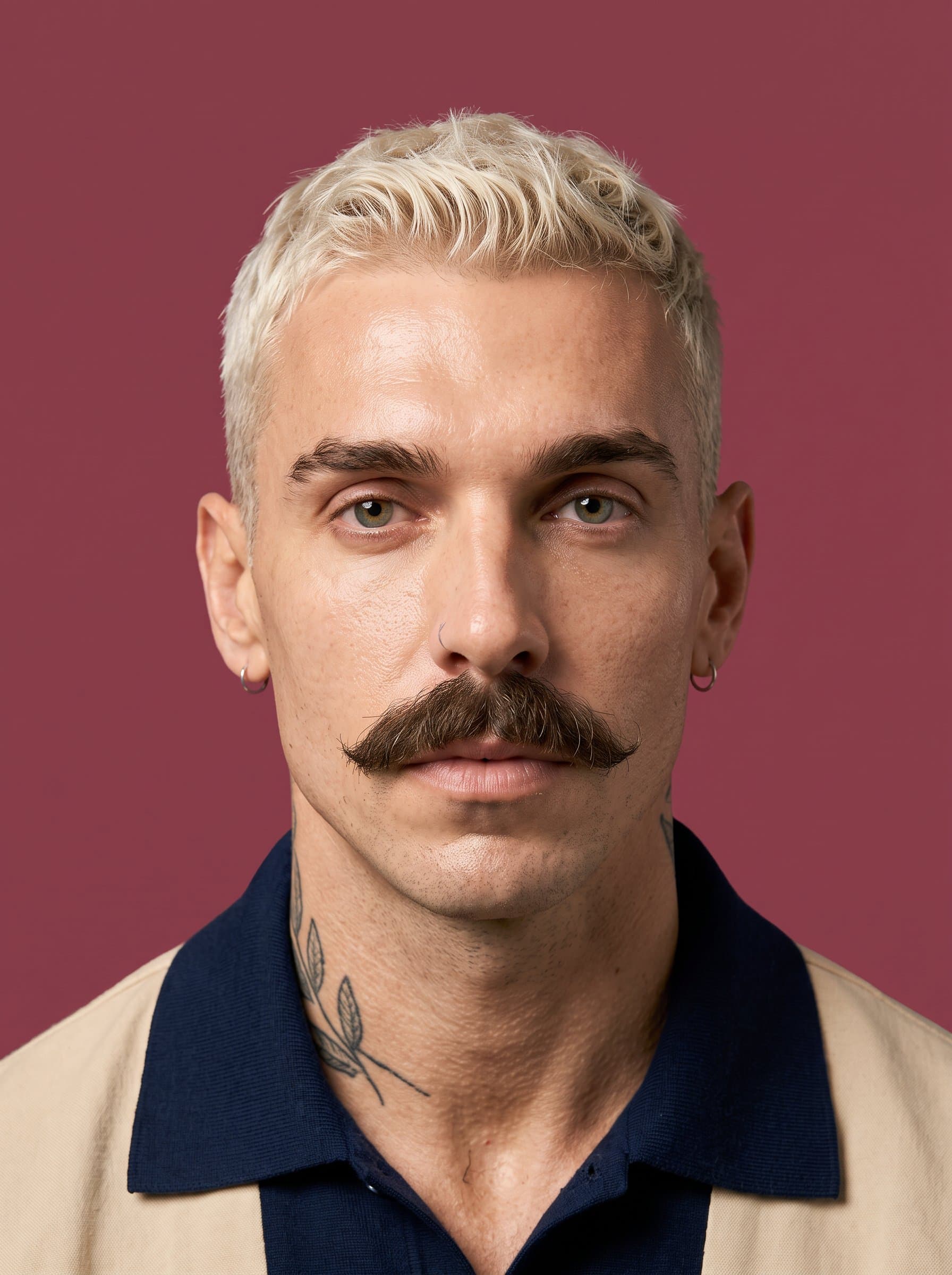 Render a photo featuring a plain maroon background. The man must maintain a calm gaze and evenly lit face, adhering to international travel document photo standards.