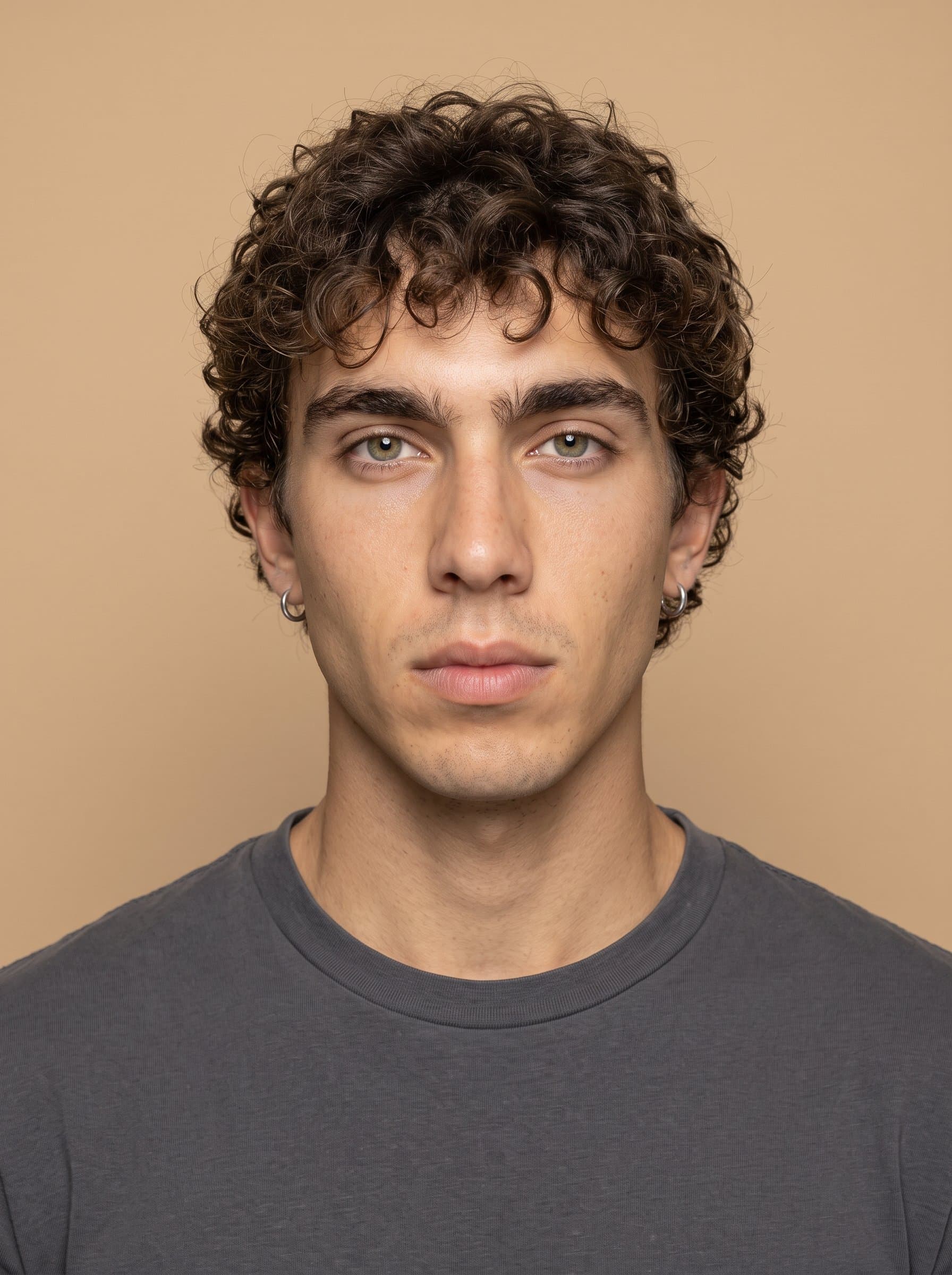 Craft a headshot against a minimalist tan background. Ensure the man maintains a neutral expression with even lighting, adhering to global visa photo requirements.
