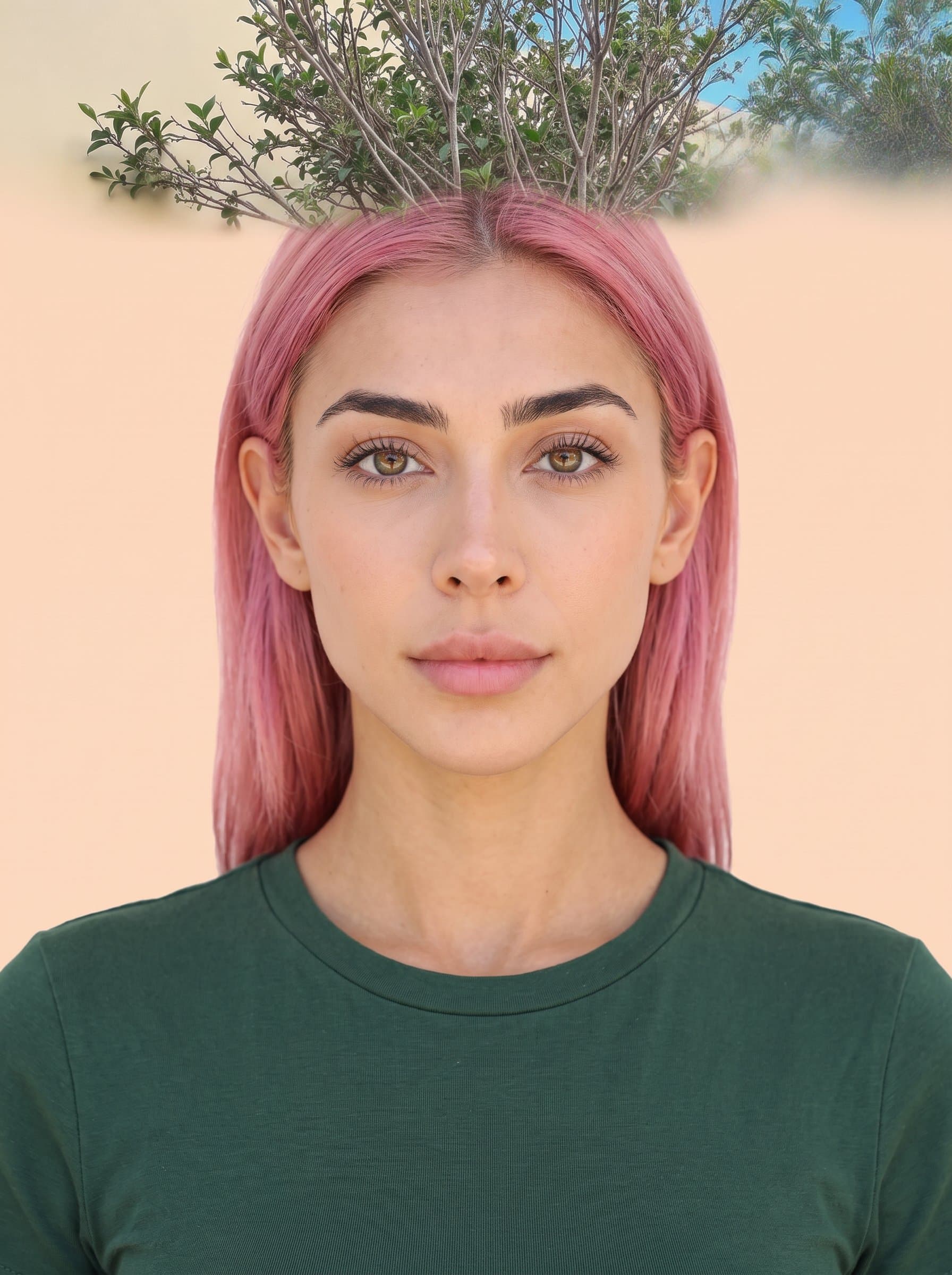 Capture a headshot against a light peach background, ensuring the face is centered and visible with a natural expression, in line with global visa photo criteria.